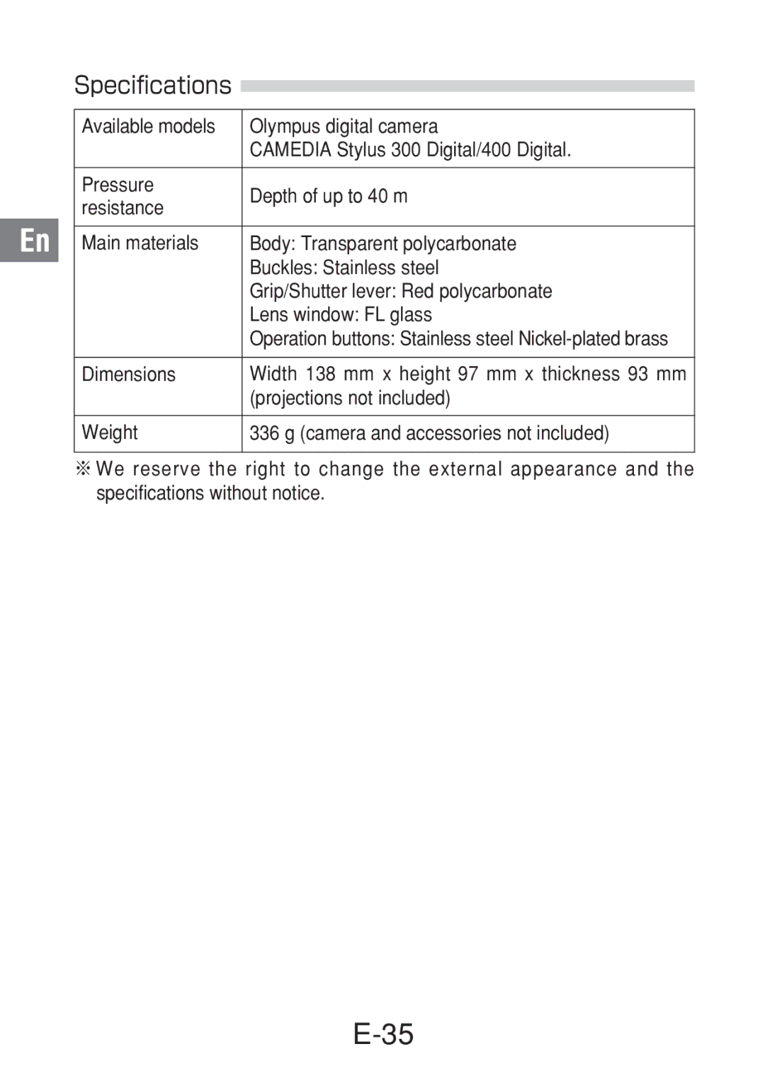 Olympus PT-016 manual Specifications 