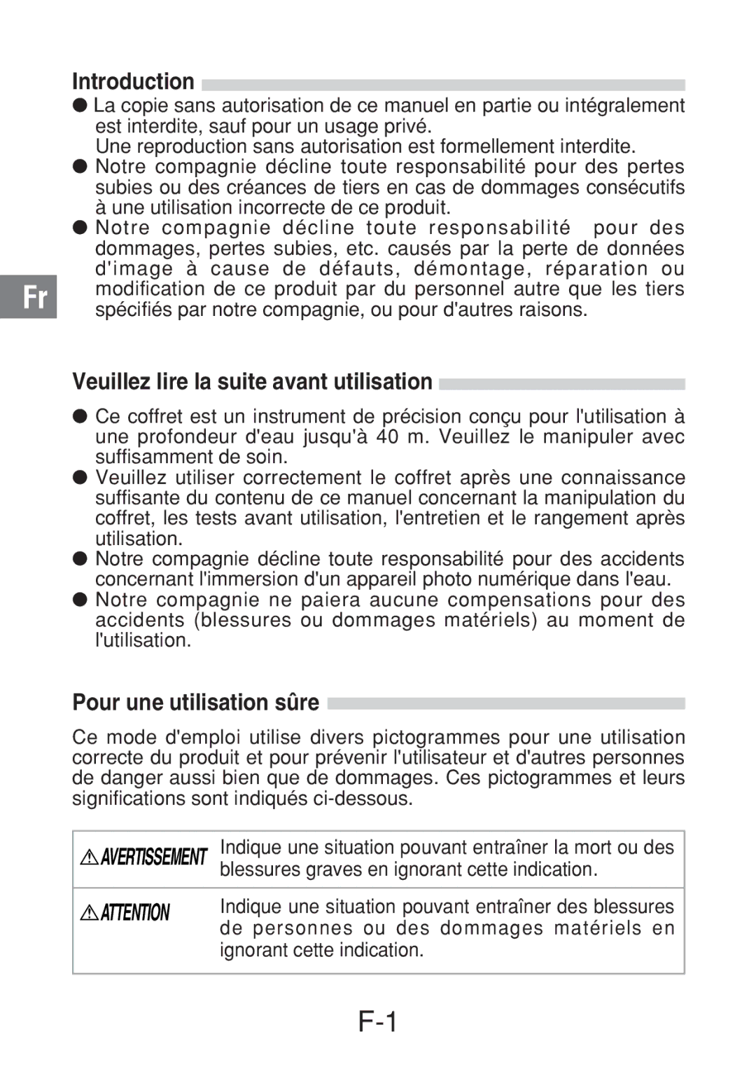 Olympus PT-016 manual Introduction, Veuillez lire la suite avant utilisation, Pour une utilisation sûre 