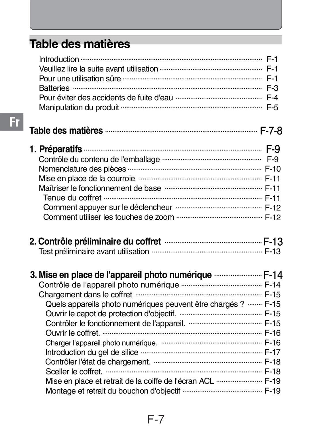 Olympus PT-016 manual Table des matières, Nomenclature des pièces 