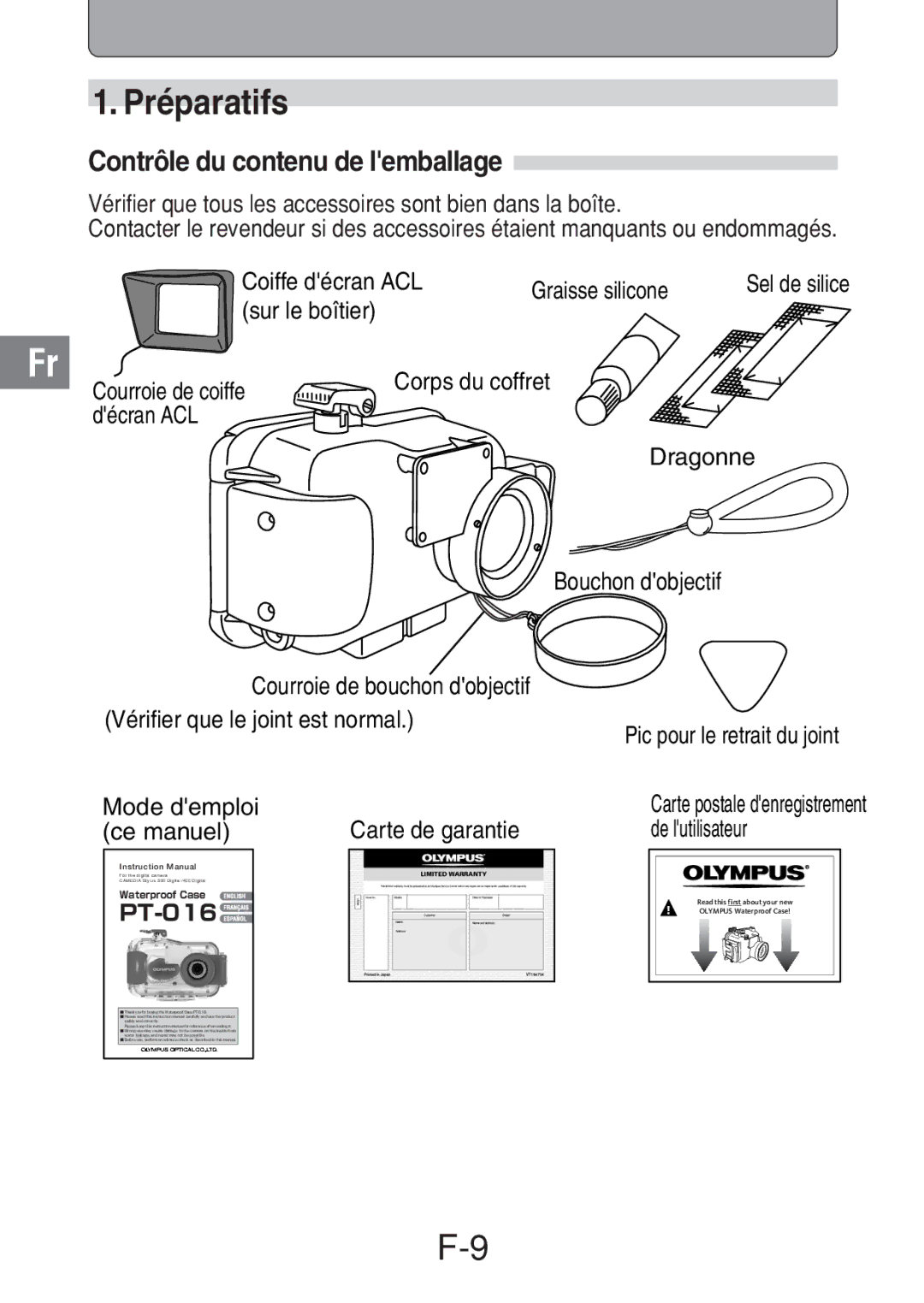 Olympus PT-016 Préparatifs, Contrôle du contenu de lemballage, Vérifier que tous les accessoires sont bien dans la boîte 