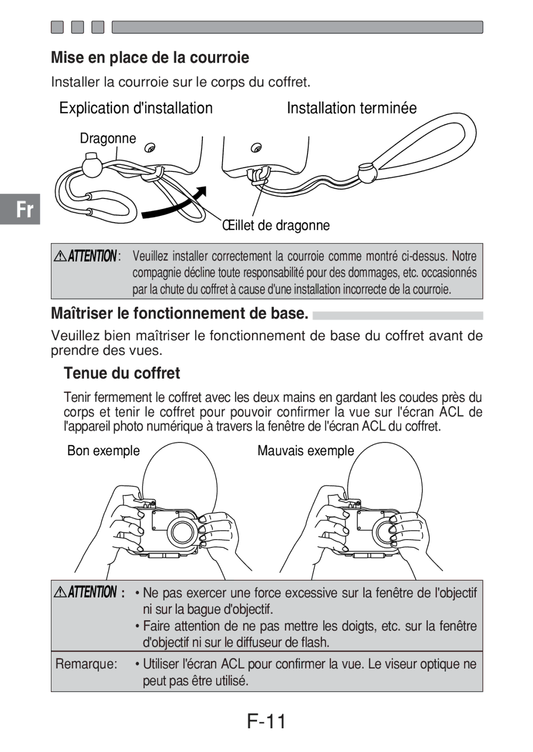 Olympus PT-016 manual Mise en place de la courroie, Maîtriser le fonctionnement de base, Tenue du coffret, Bon exemple 