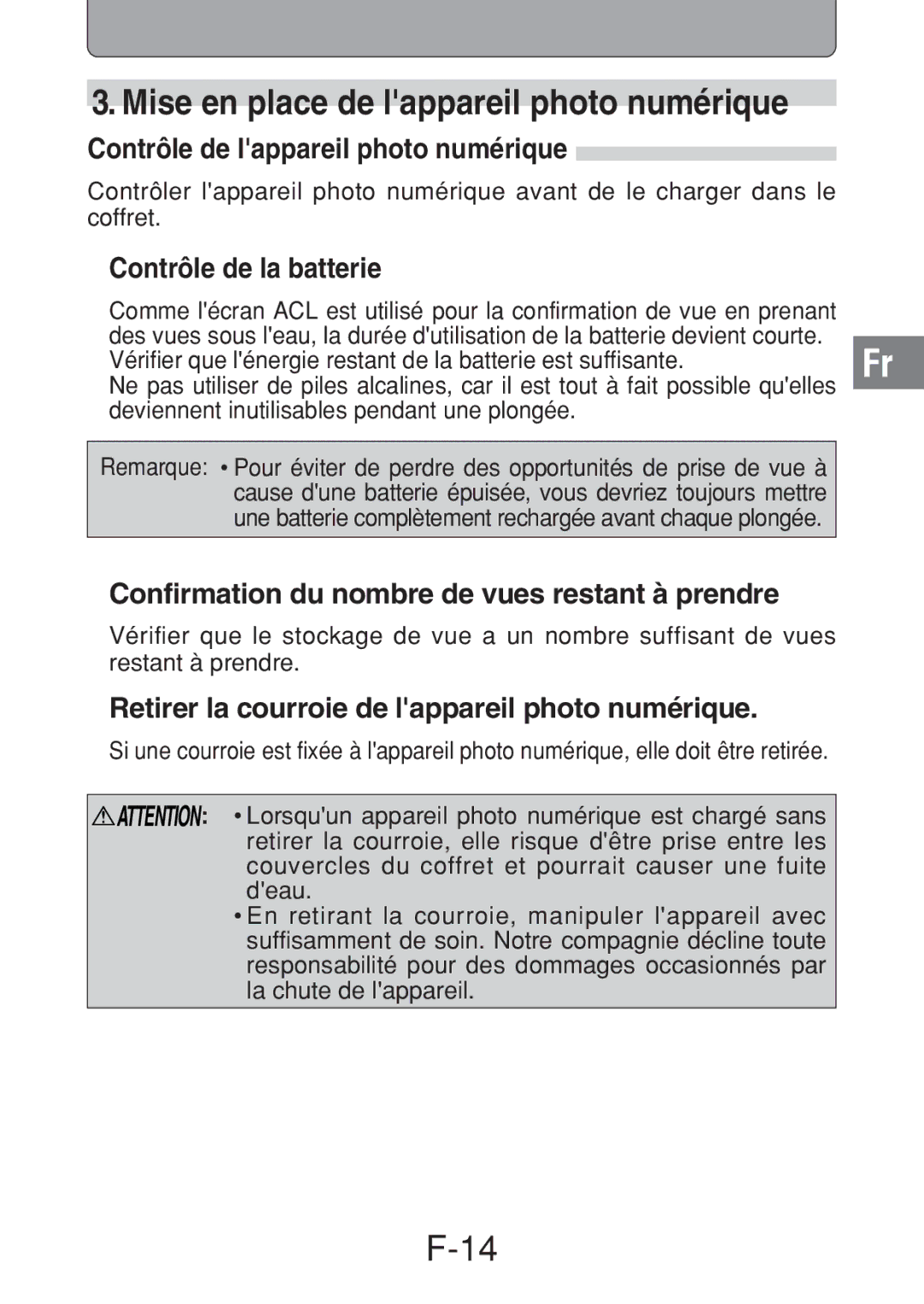 Olympus PT-016 Mise en place de lappareil photo numérique, Contrôle de lappareil photo numérique, Contrôle de la batterie 