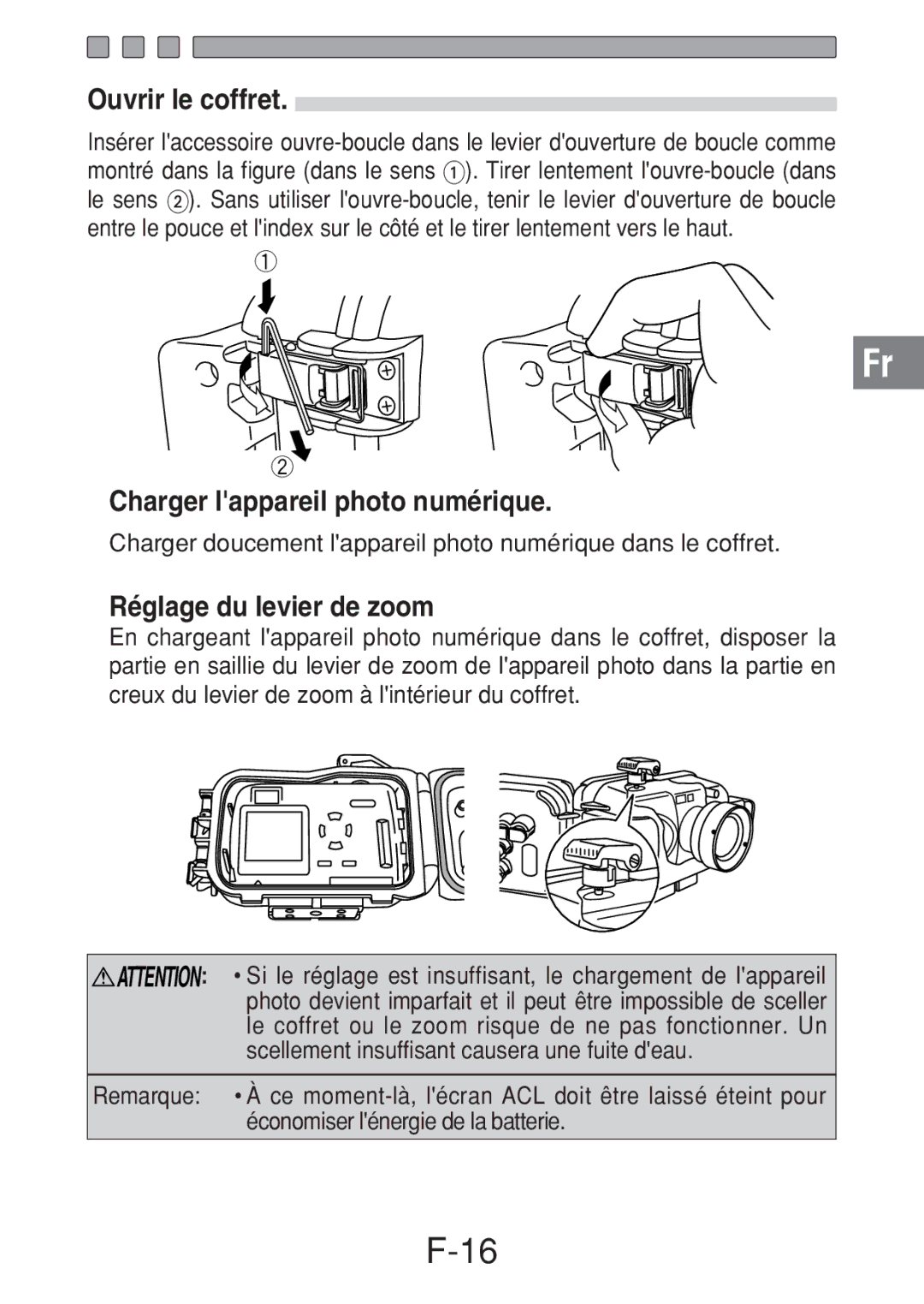 Olympus PT-016 manual Ouvrir le coffret, Charger lappareil photo numérique, Réglage du levier de zoom 