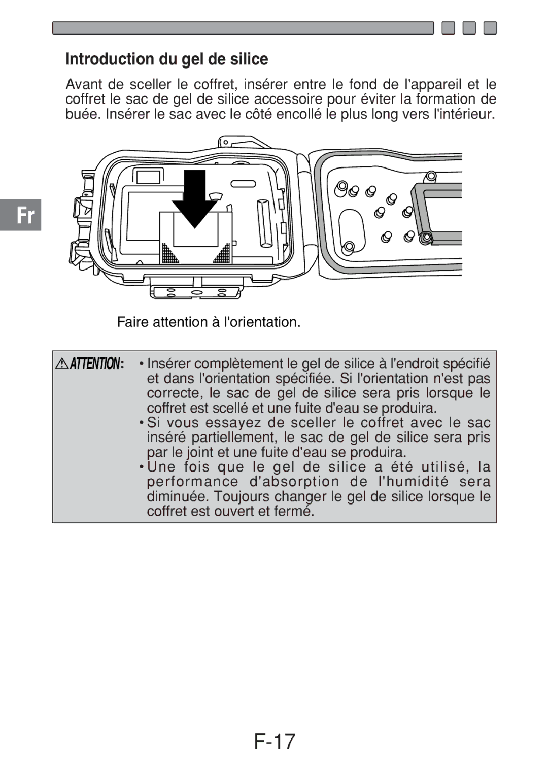 Olympus PT-016 manual Introduction du gel de silice 