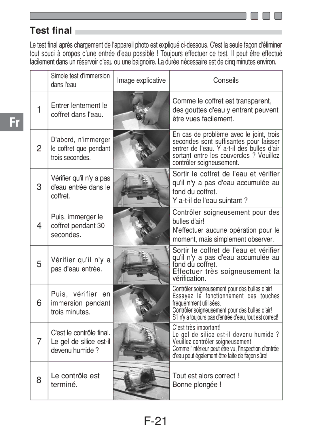 Olympus PT-016 manual Test final, Coffret dans leau Être vues facilement 