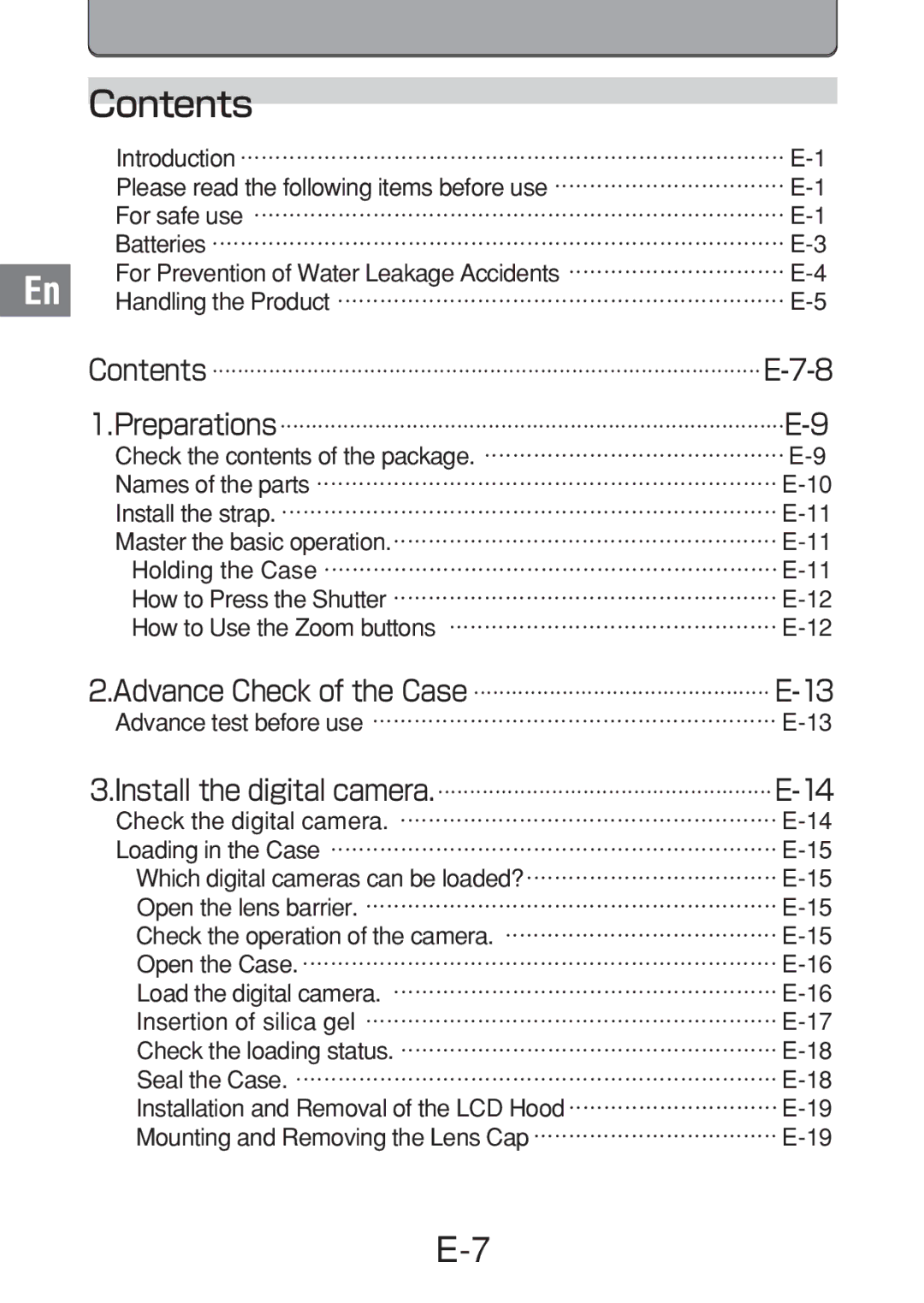 Olympus PT-016 manual Contents 