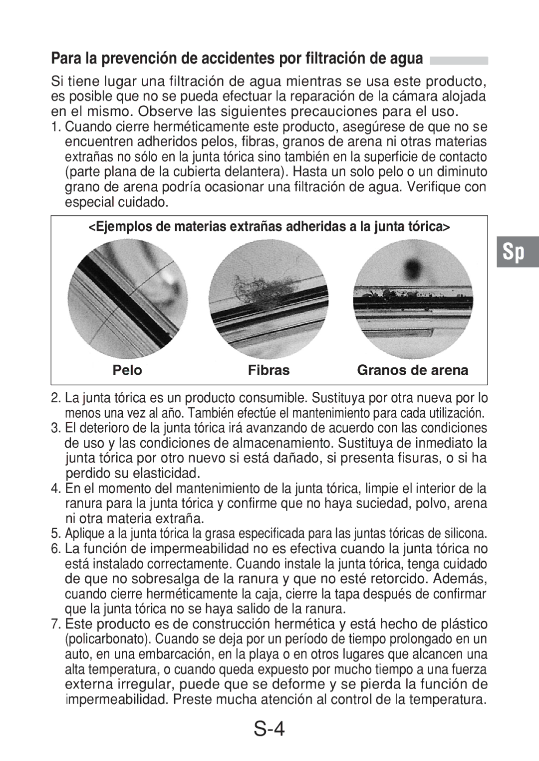 Olympus PT-016 manual Para la prevención de accidentes por filtración de agua 