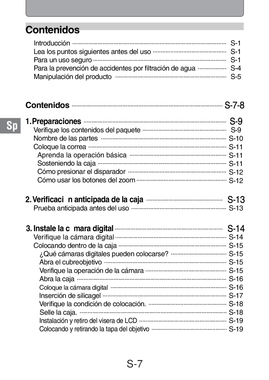 Olympus PT-016 manual Contenidos, Nombre de las partes, Prueba anticipada antes del uso 