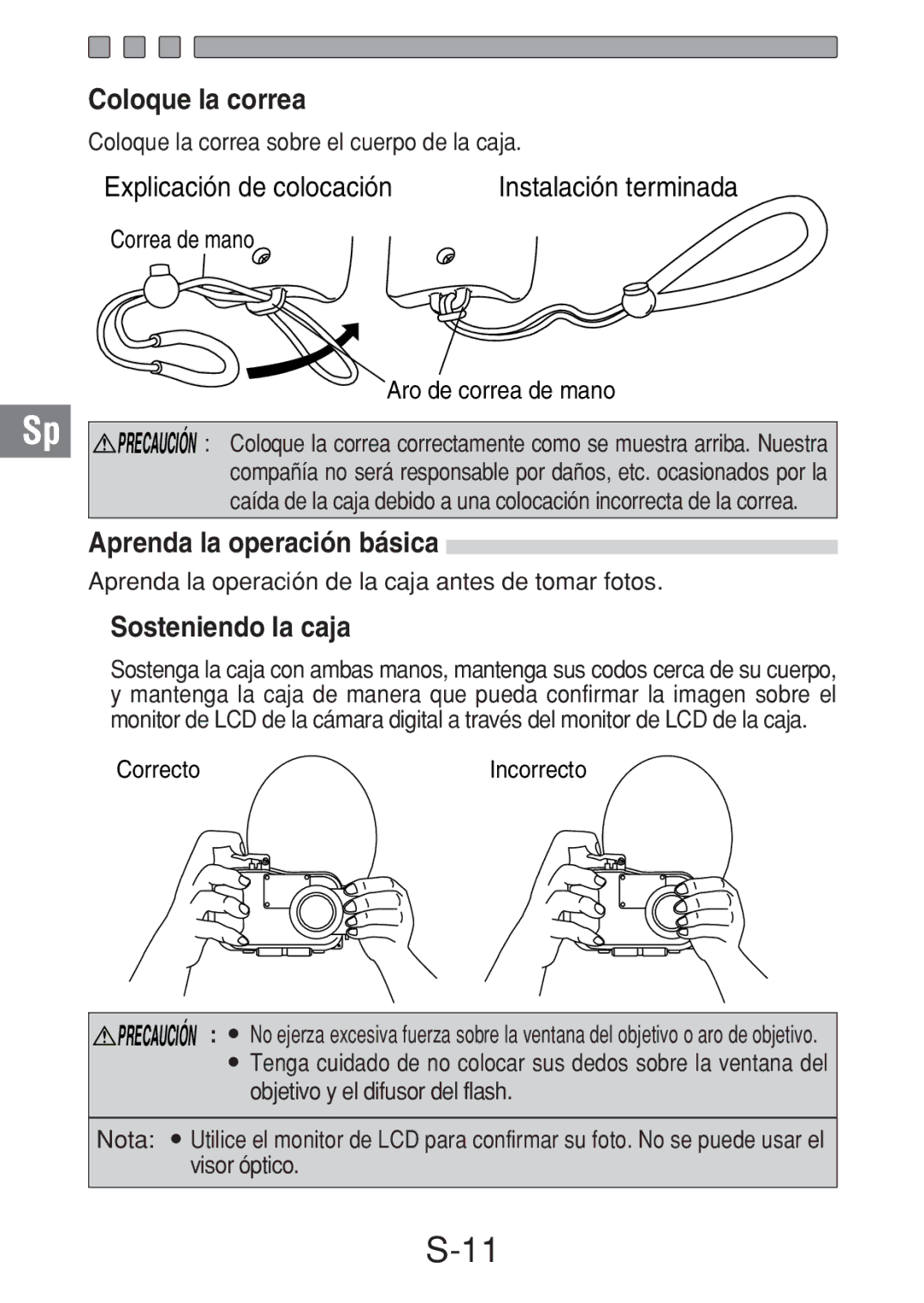 Olympus PT-016 manual Coloque la correa, Aprenda la operación básica, Sosteniendo la caja 