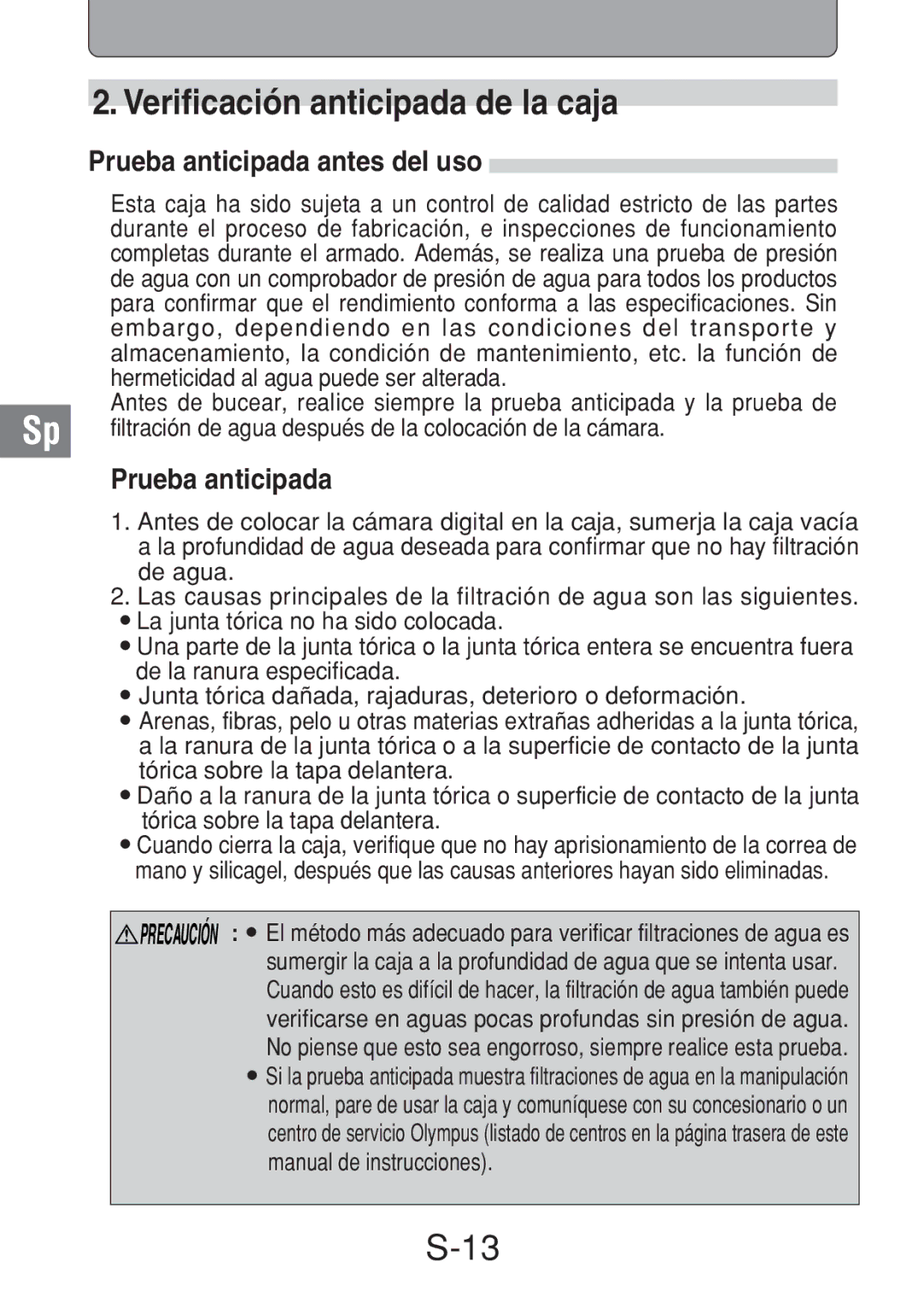 Olympus PT-016 manual Verificación anticipada de la caja, Prueba anticipada antes del uso 