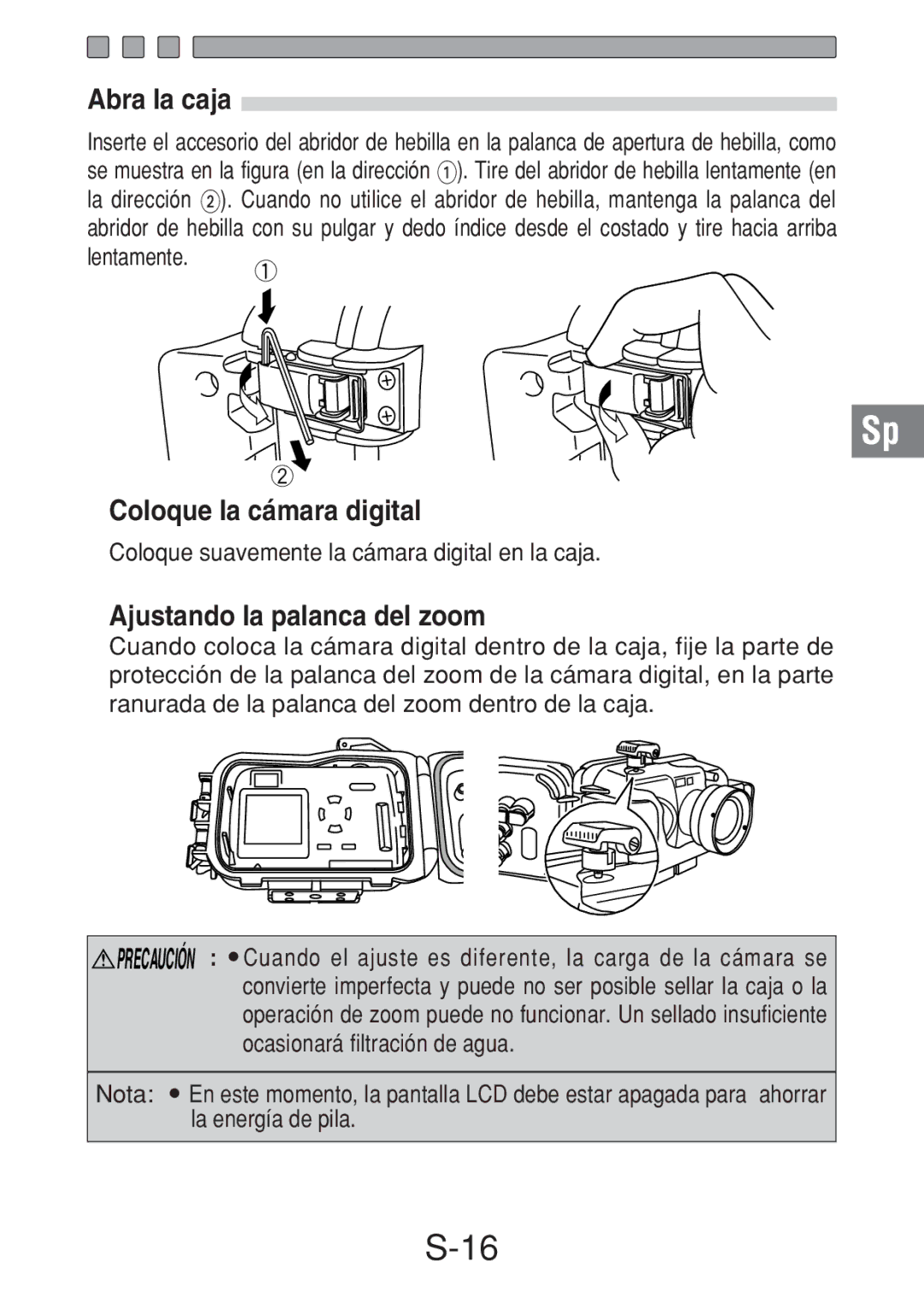 Olympus PT-016 manual Abra la caja, Coloque la cámara digital, Ajustando la palanca del zoom 