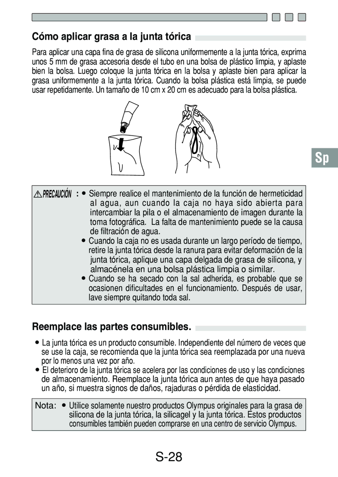 Olympus PT-017 manual Cómo aplicar grasa a la junta tórica, Reemplace las partes consumibles 