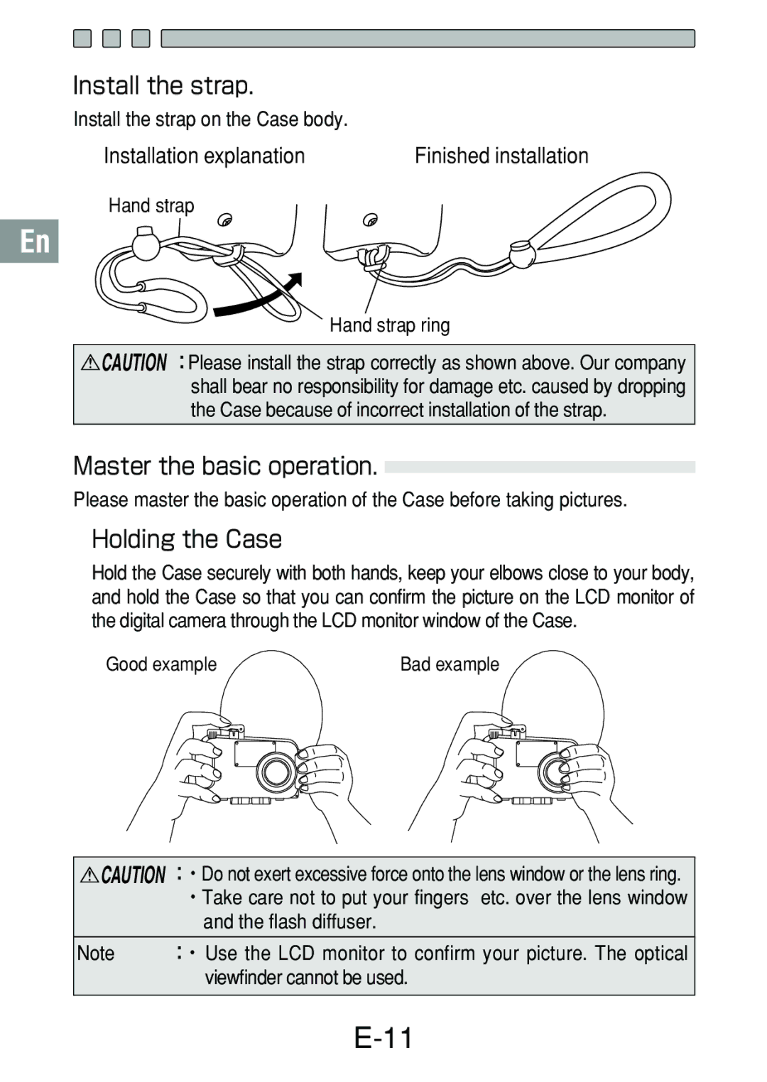 Olympus PT-017 Install the strap, Master the basic operation, Holding the Case, Hand strap Hand strap ring, Good example 