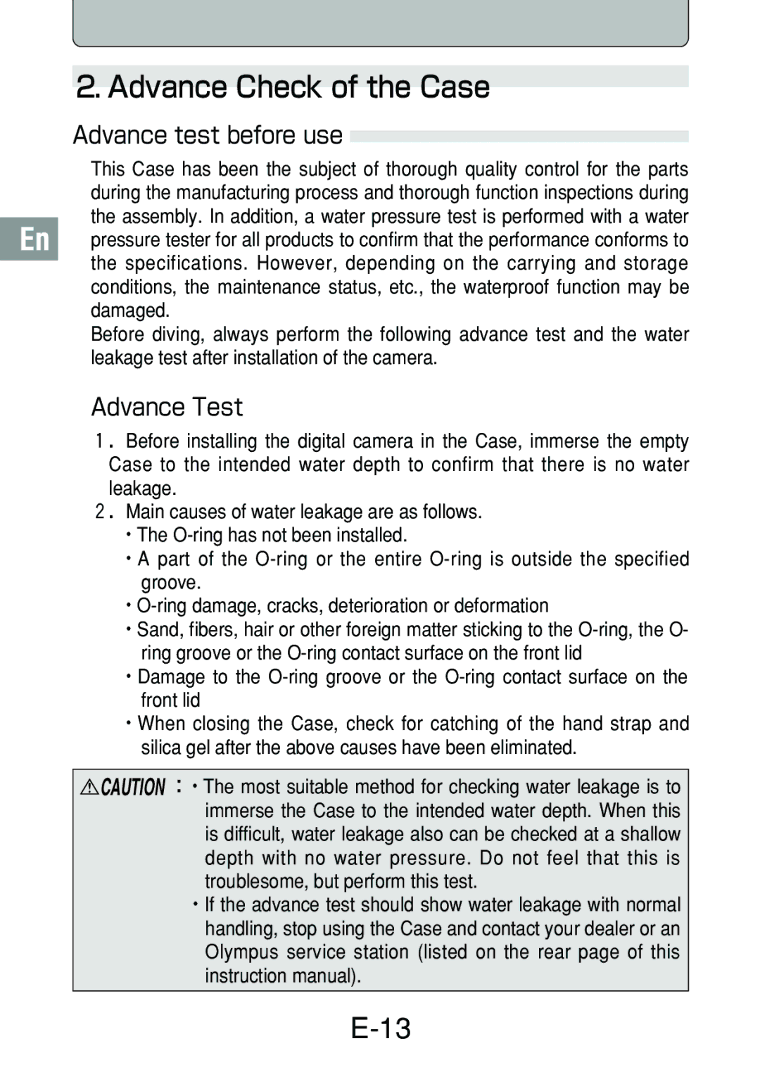 Olympus PT-017 manual Advance test before use, Advance Test 