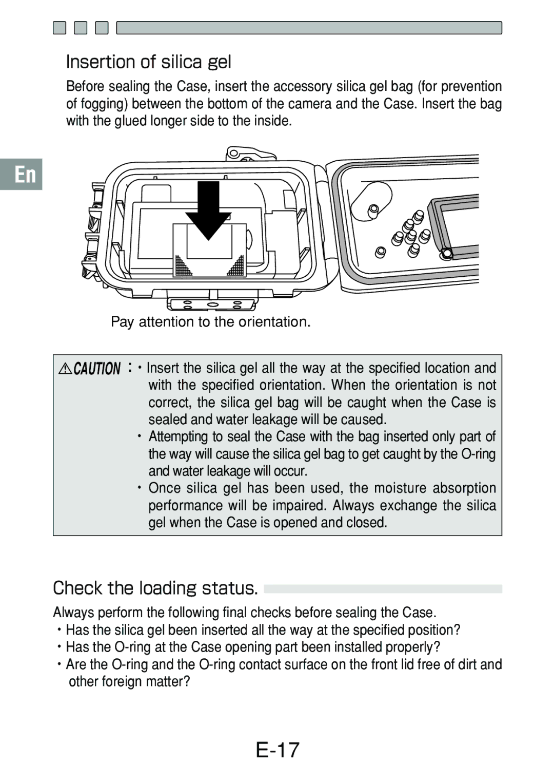 Olympus PT-017 manual Insertion of silica gel, Check the loading status 