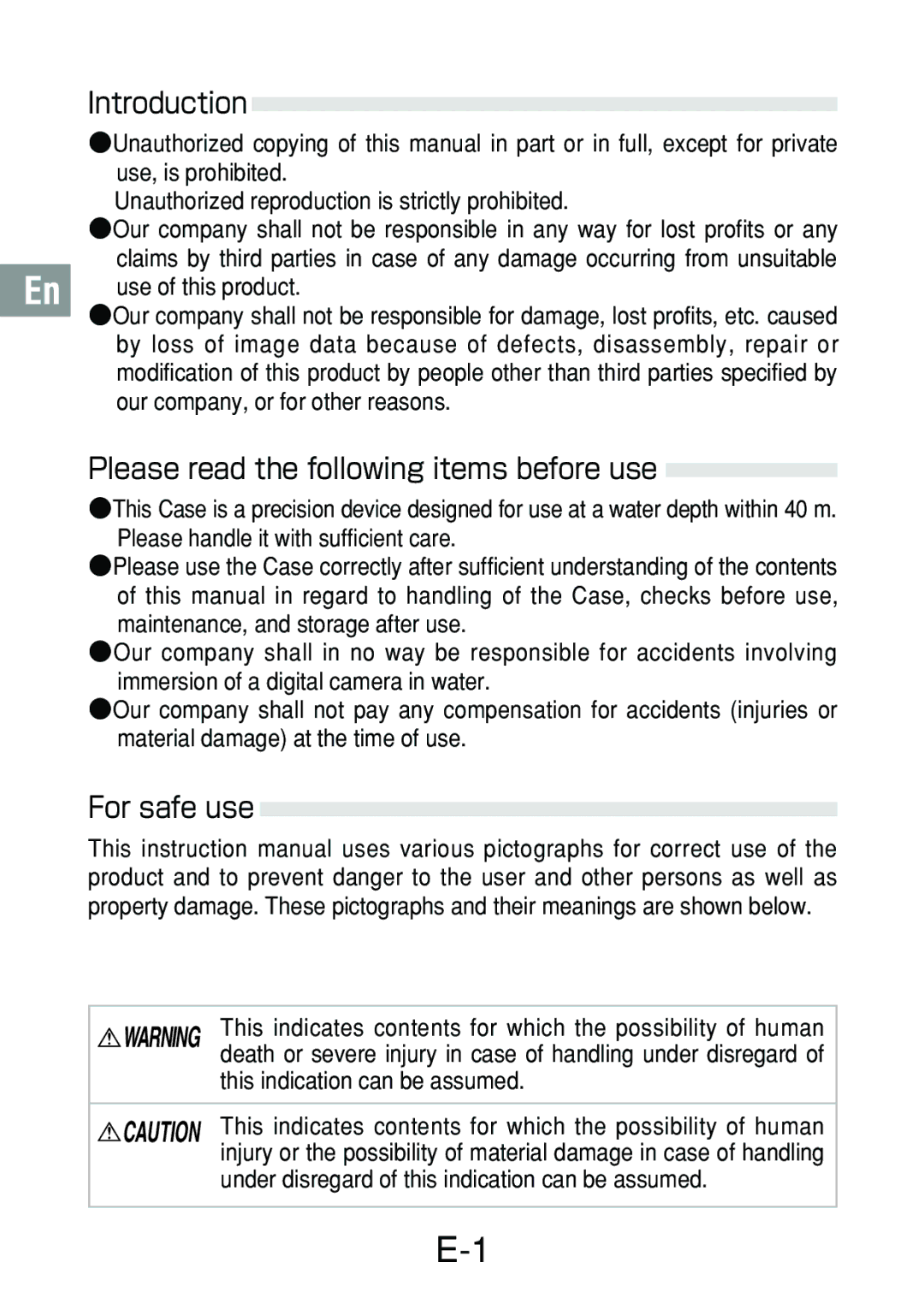 Olympus PT-017 manual Introduction, Please read the following items before use, For safe use 