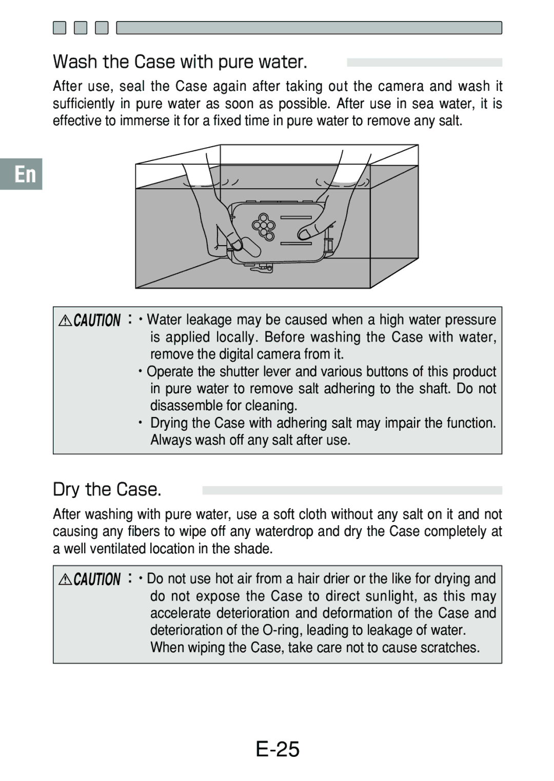 Olympus PT-017 manual Wash the Case with pure water, Dry the Case 