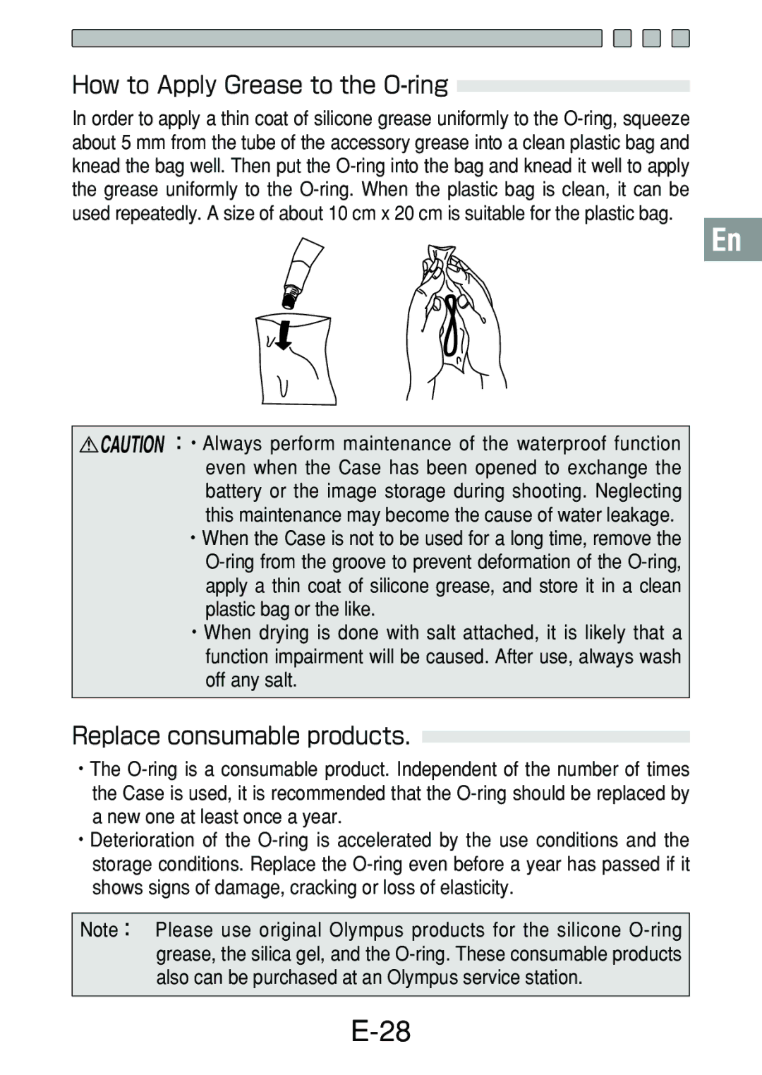 Olympus PT-017 manual How to Apply Grease to the O-ring, Replace consumable products 