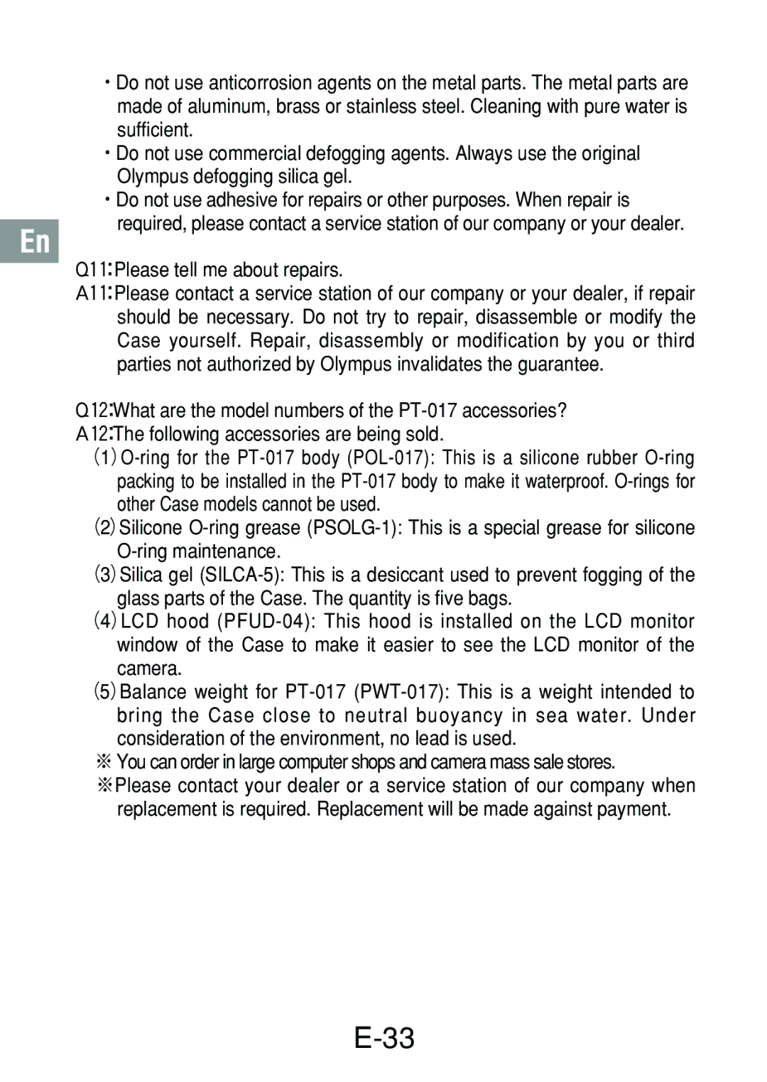 Olympus PT-017 manual Ｑ１１：Please tell me about repairs 