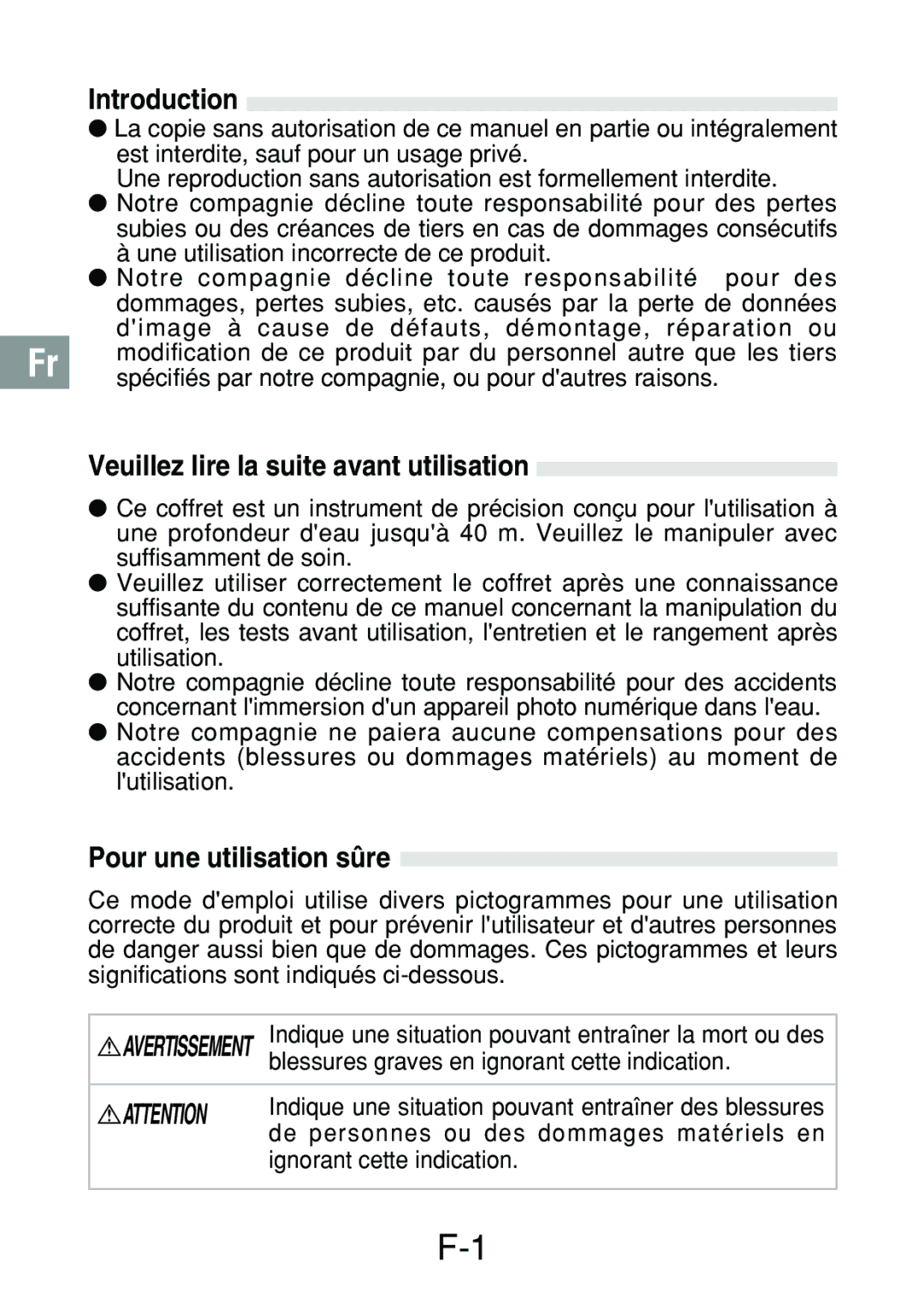 Olympus PT-017 manual Introduction, Veuillez lire la suite avant utilisation, Pour une utilisation sûre 