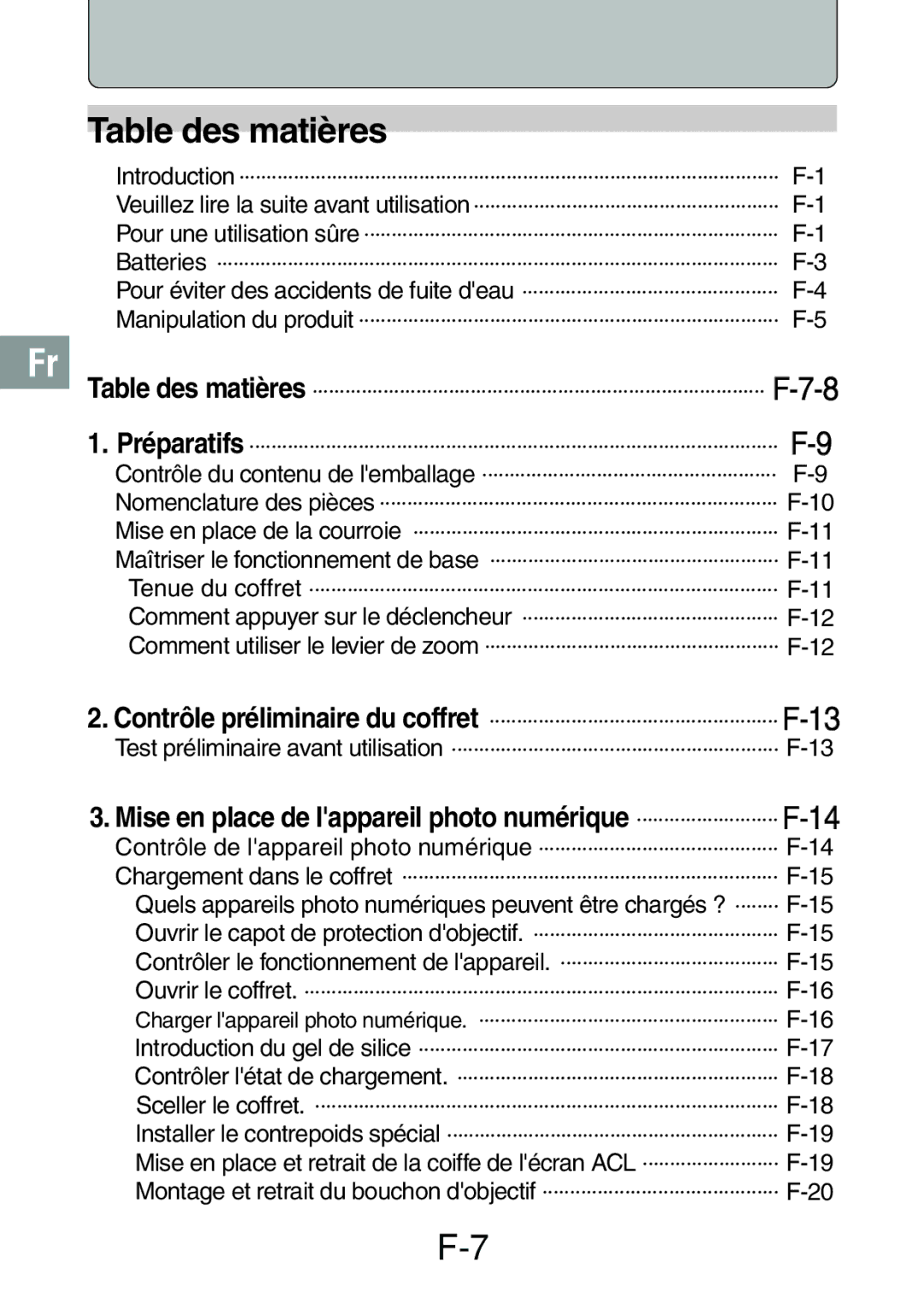 Olympus PT-017 manual Table des matières, Nomenclature des pièces 