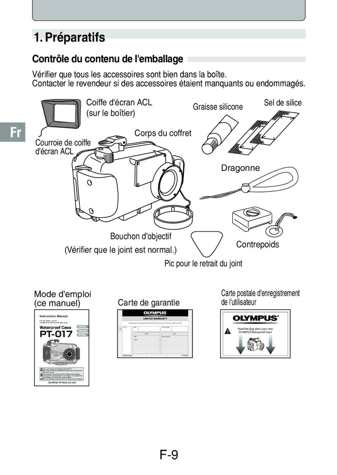 Olympus PT-017 Préparatifs, Contrôle du contenu de lemballage, Vérifier que tous les accessoires sont bien dans la boîte 