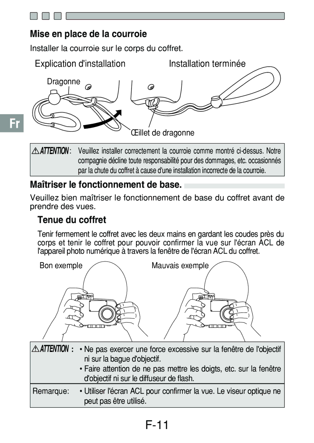 Olympus PT-017 manual Mise en place de la courroie, Maîtriser le fonctionnement de base, Tenue du coffret, Bon exemple 