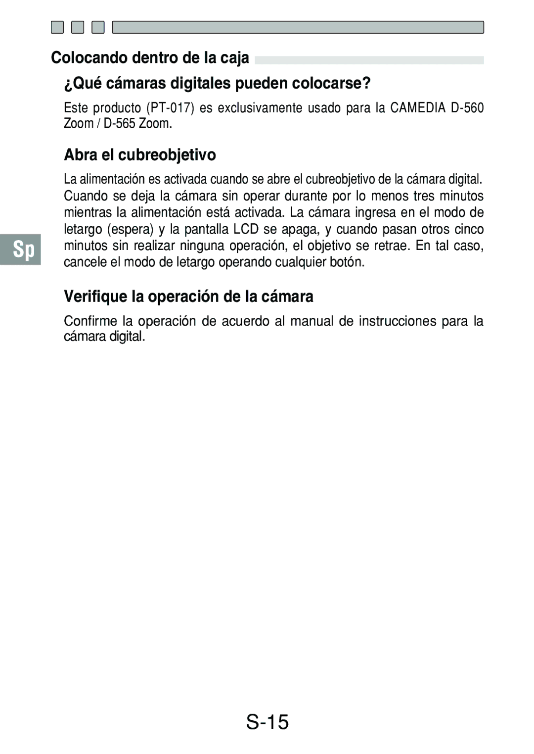 Olympus PT-017 manual Abra el cubreobjetivo, Verifique la operación de la cámara 