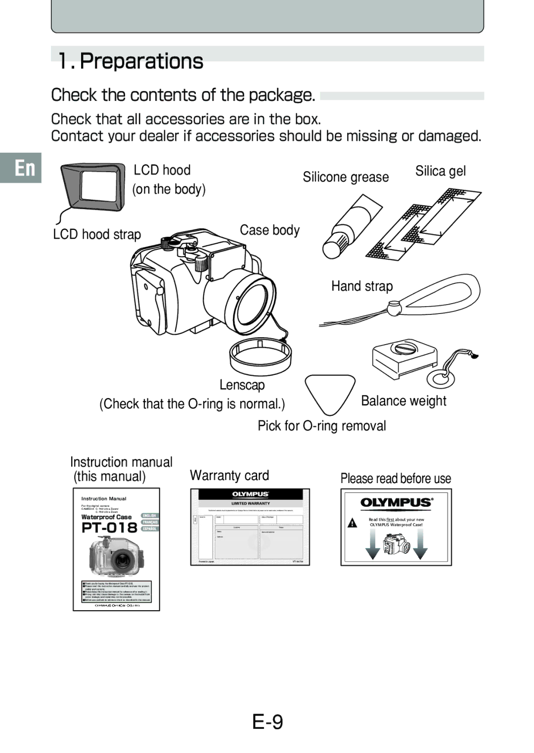 Olympus PT-018 manual Preparations, Check the contents of the package 