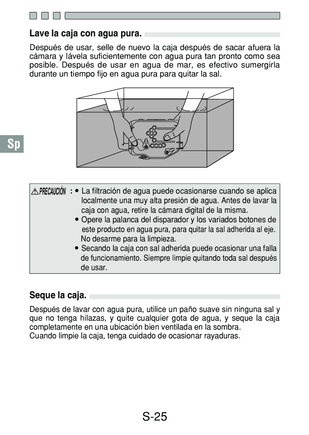 Olympus PT-018 manual Lave la caja con agua pura, Seque la caja 