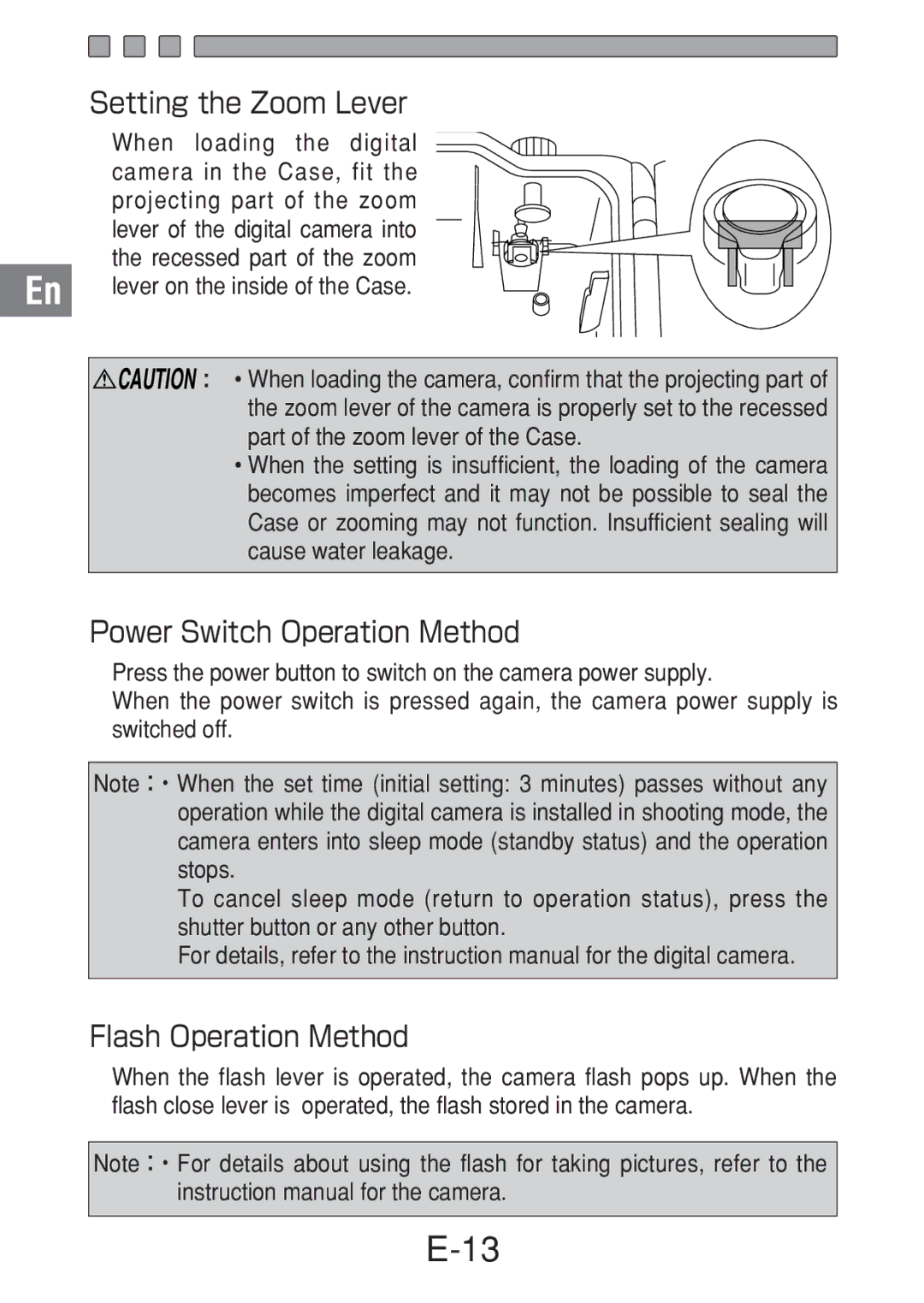 Olympus PT-018 manual Setting the Zoom Lever, Power Switch Operation Method, Flash Operation Method 