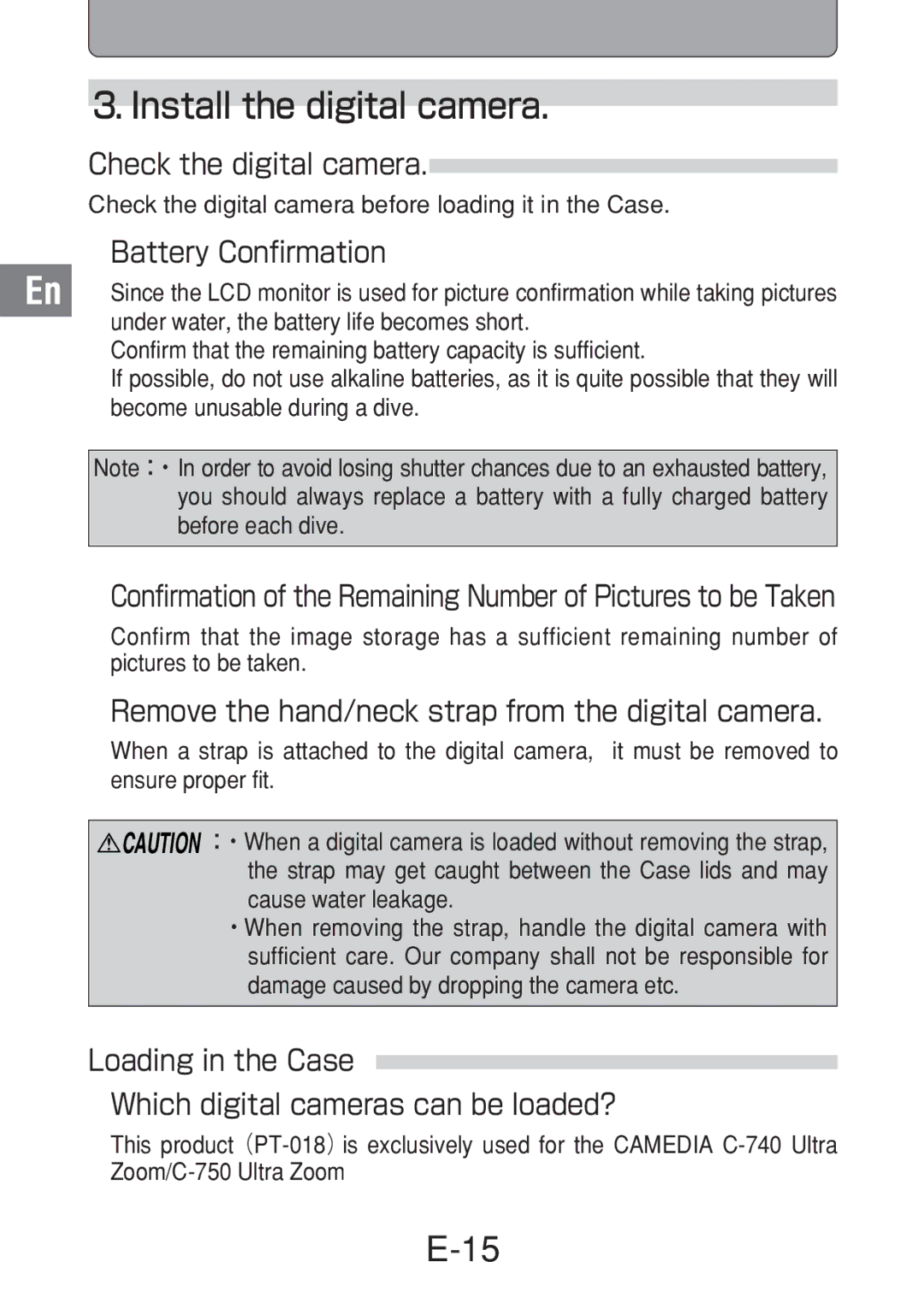 Olympus PT-018 manual Check the digital camera, Battery Confirmation, Remove the hand/neck strap from the digital camera 