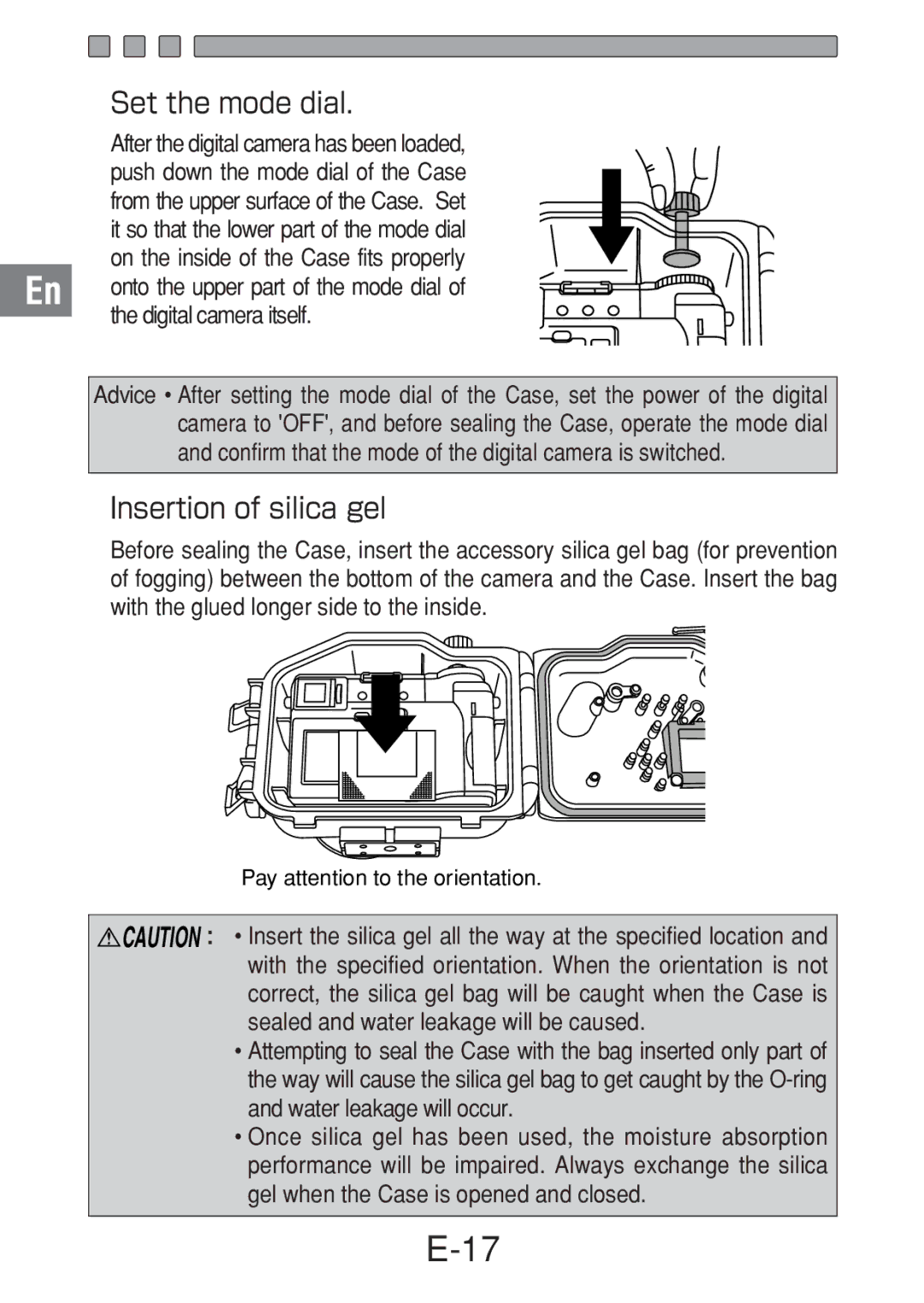 Olympus PT-018 manual Set the mode dial, Insertion of silica gel 