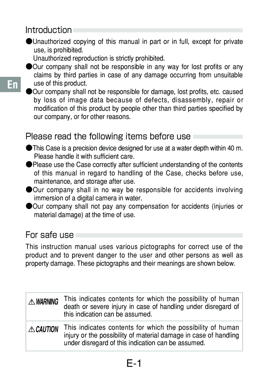 Olympus PT-018 manual Introduction, Please read the following items before use, For safe use 