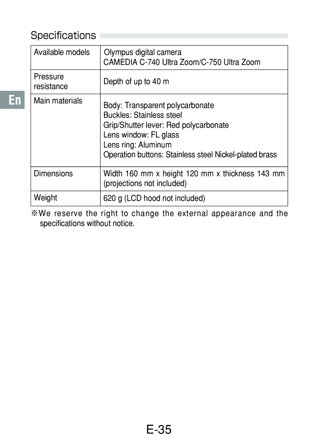 Olympus PT-018 manual Specifications 