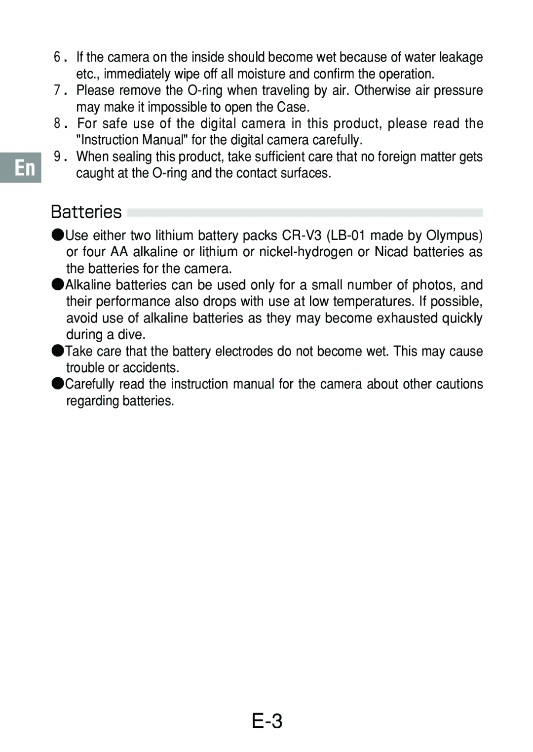 Olympus PT-018 manual Batteries 