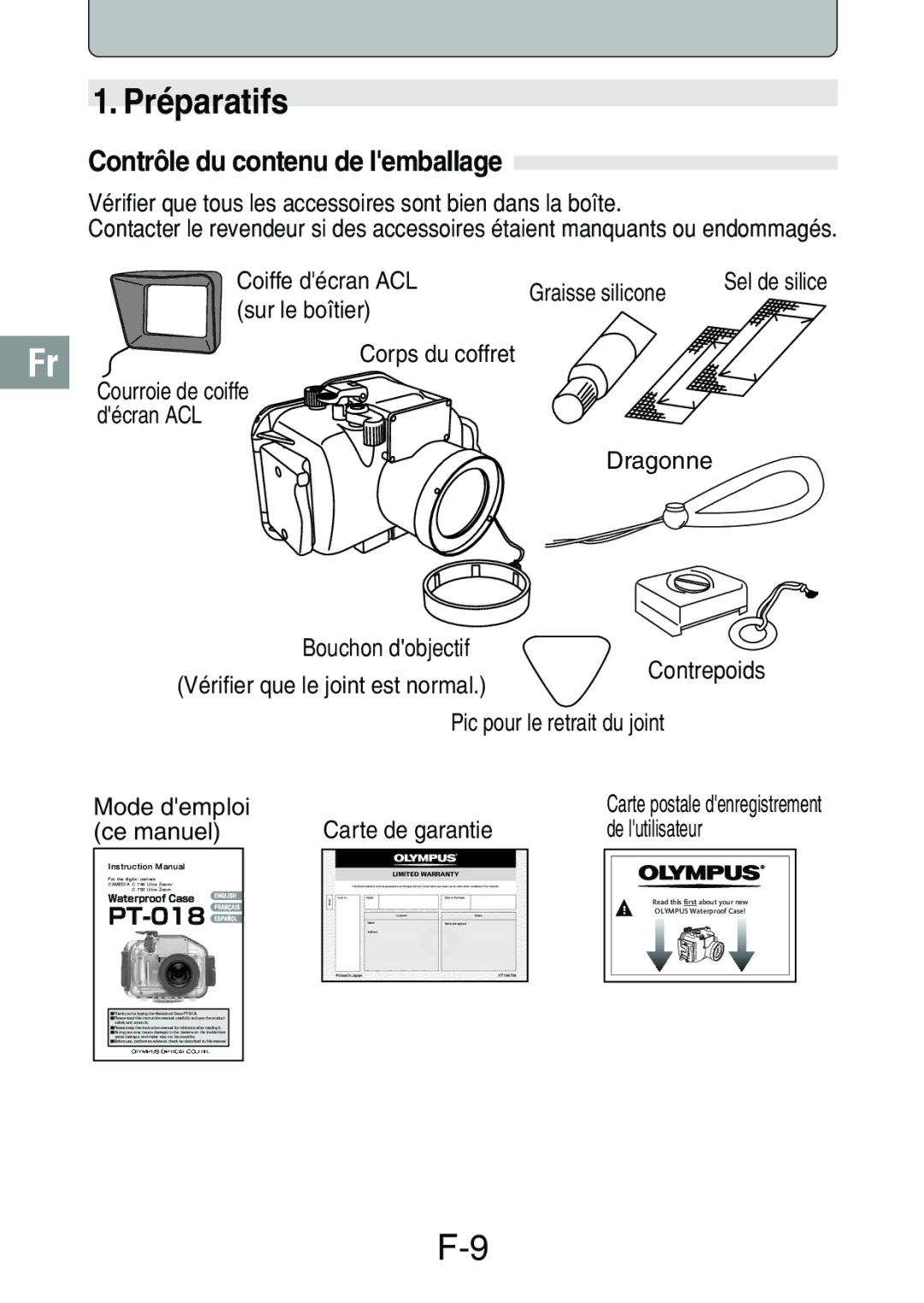 Olympus PT-018 manual Préparatifs, Contrôle du contenu de lemballage 