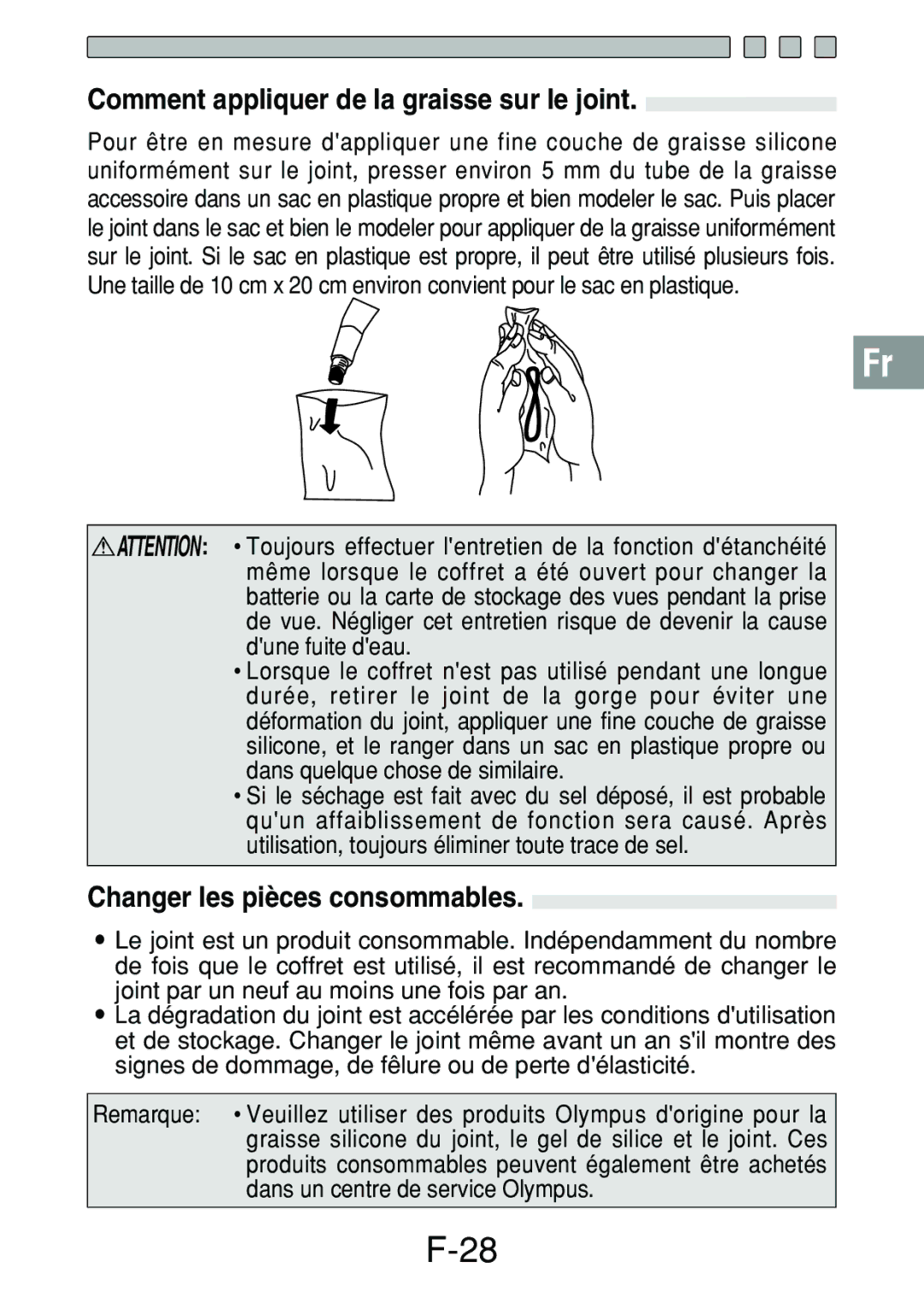 Olympus PT-018 manual Comment appliquer de la graisse sur le joint, Changer les pièces consommables 