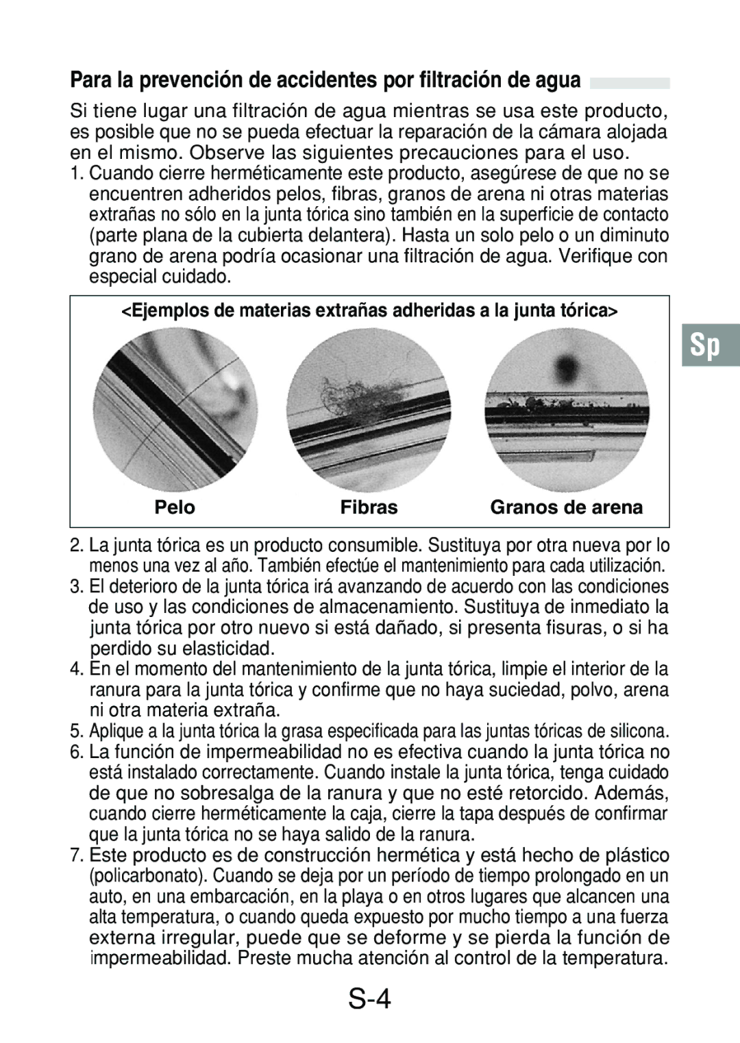 Olympus PT-018 manual Para la prevención de accidentes por filtración de agua 