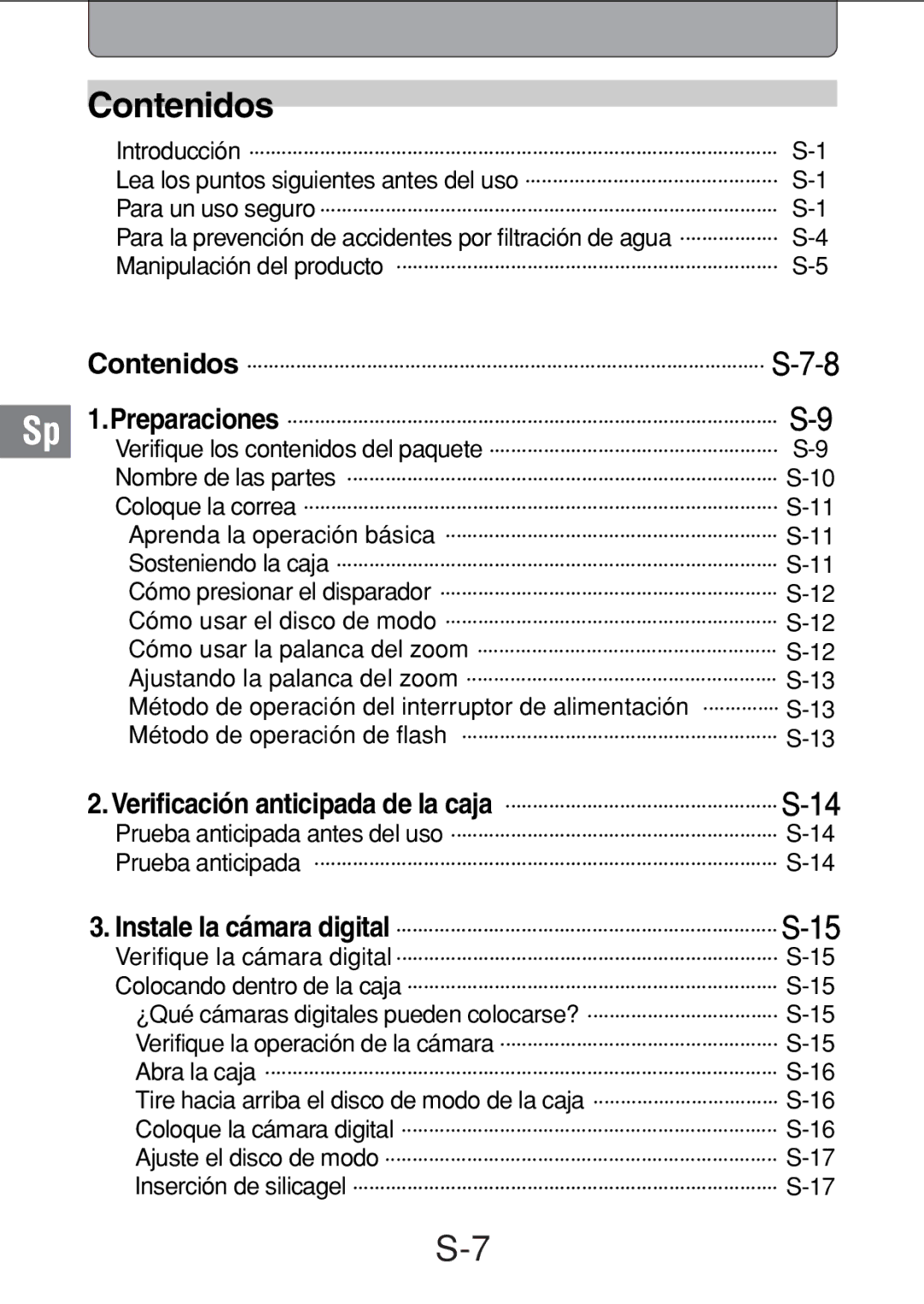 Olympus PT-018 manual Contenidos, Para la prevención de accidentes por filtración de agua 