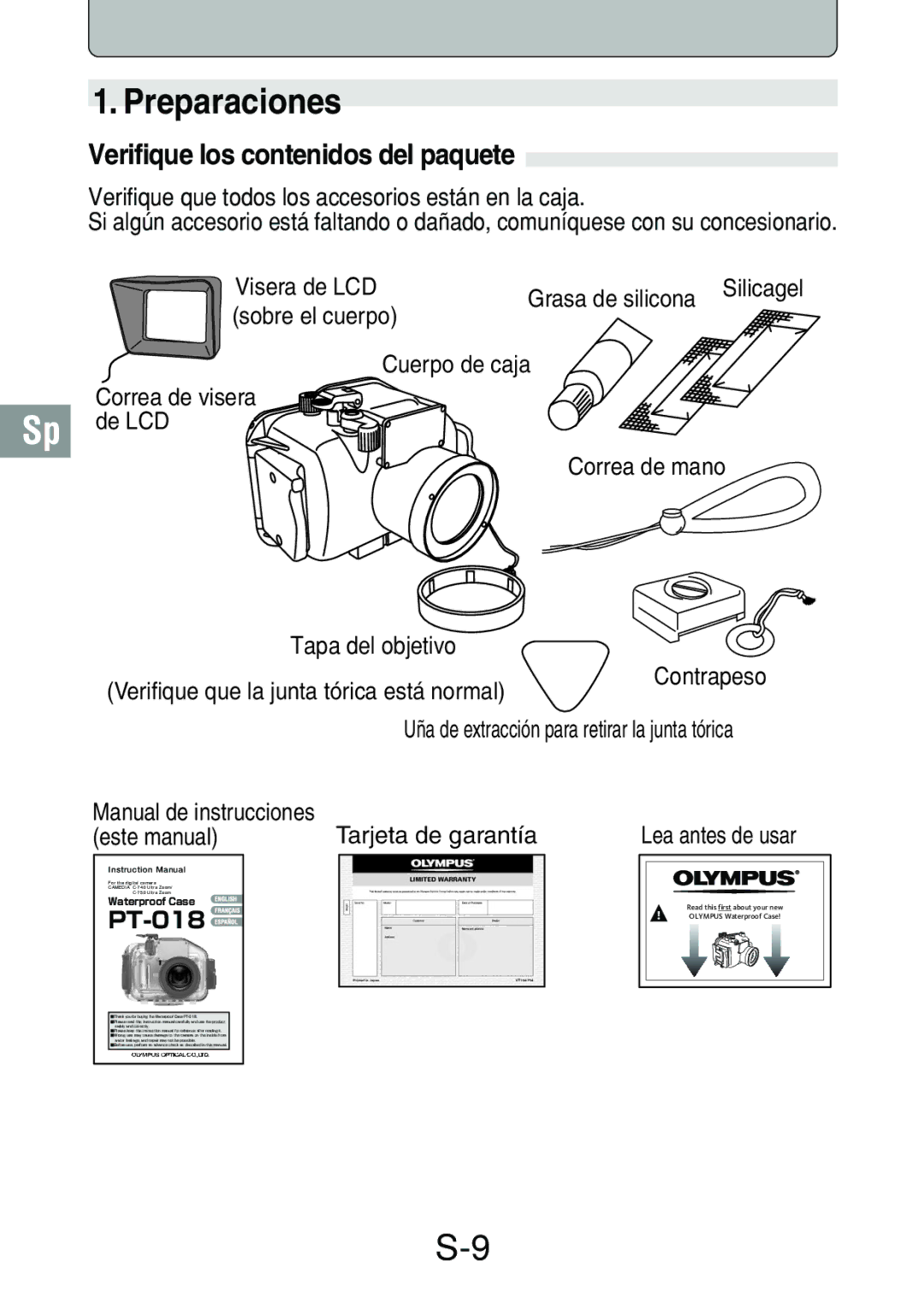 Olympus PT-018 manual Preparaciones, Verifique los contenidos del paquete 