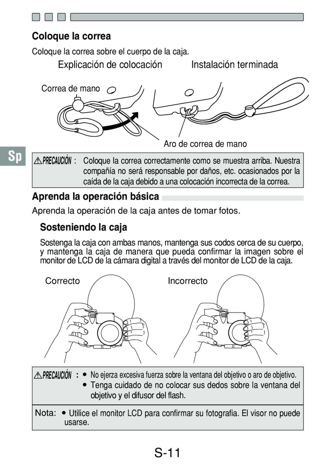 Olympus PT-018 manual Coloque la correa, Aprenda la operación básica, Sosteniendo la caja 