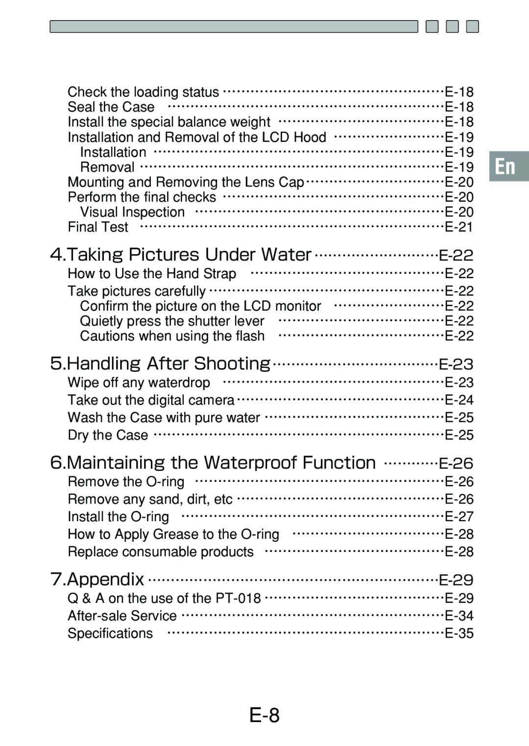 Olympus PT-018 manual Taking Pictures Under Water ………………………E-22, Handling After Shooting………………………………E-23 