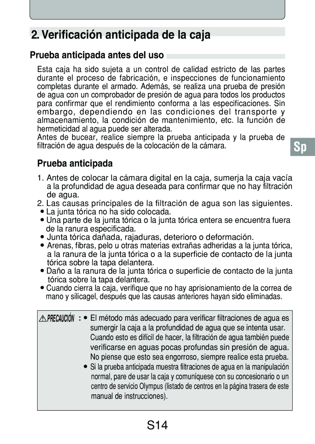 Olympus PT-018 manual Verificación anticipada de la caja, Prueba anticipada antes del uso 