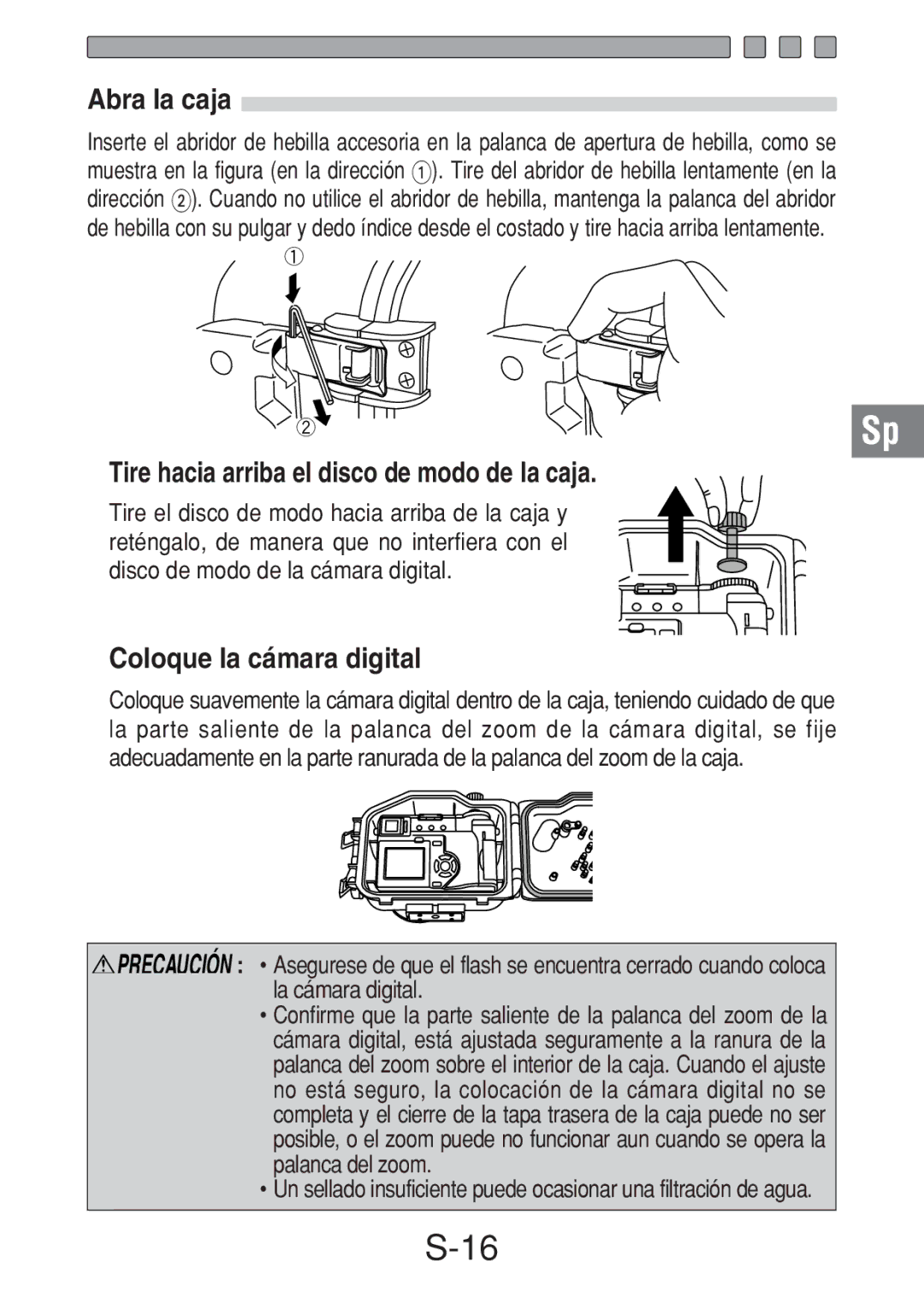 Olympus PT-018 manual Abra la caja, Tire hacia arriba el disco de modo de la caja, Coloque la cámara digital 