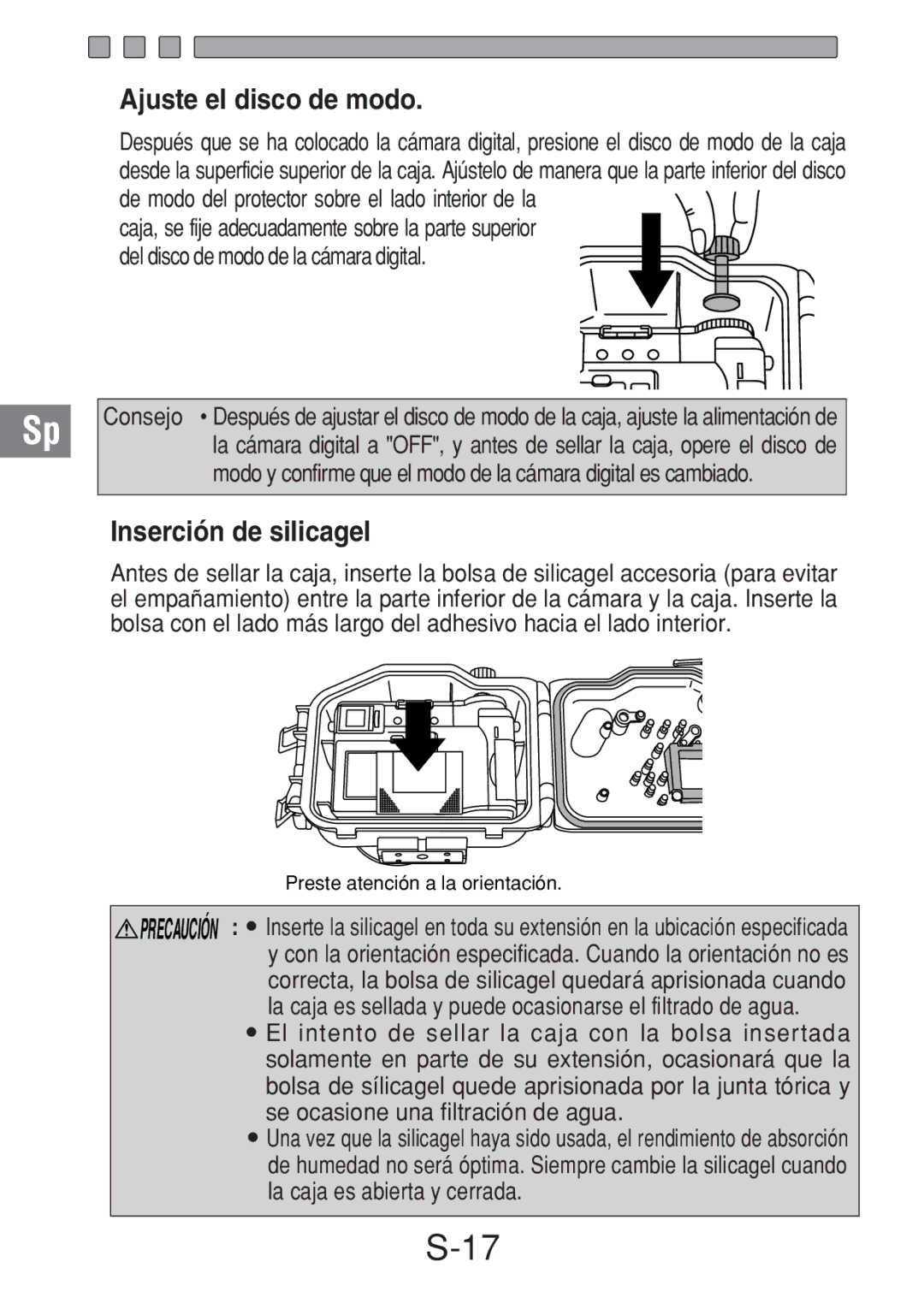 Olympus PT-018 manual Ajuste el disco de modo, Inserción de silicagel 