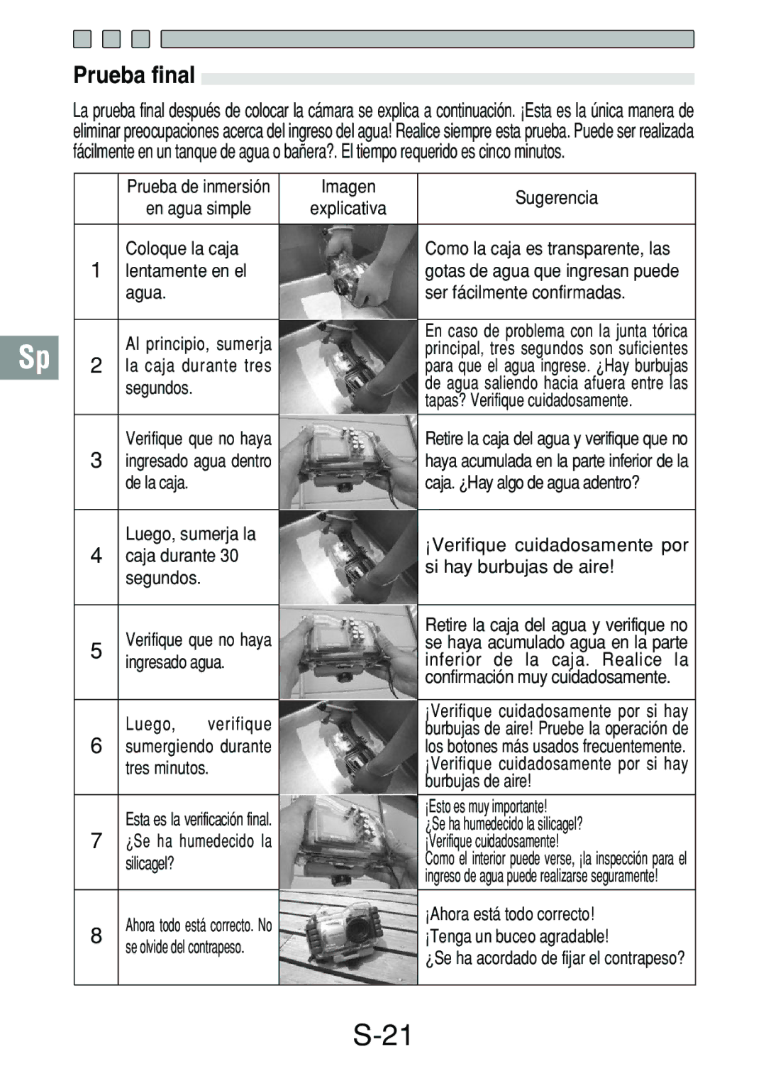 Olympus PT-018 manual Prueba final, Agua Ser fácilmente confirmadas 