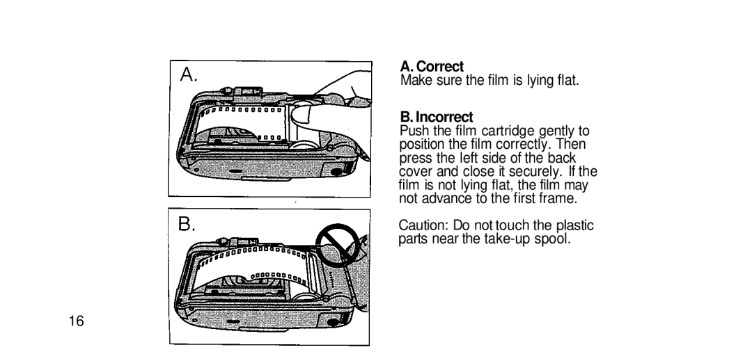 Olympus RC-200 manual Correct, Make sure the film is lying flat, Incorrect, Push the film cartridge gently to 