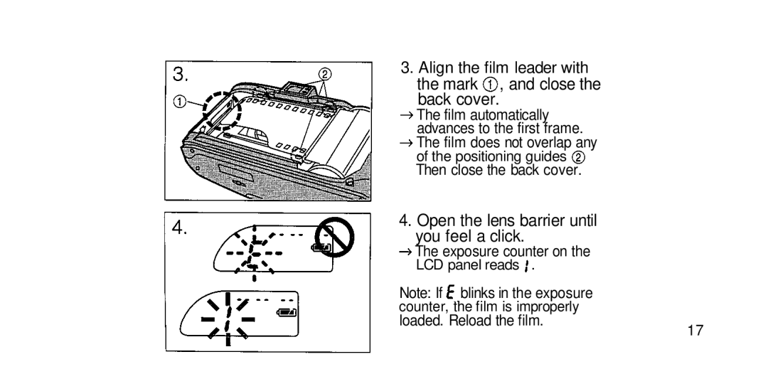 Olympus RC-200 Align the film leader with Mark , and close the back cover, Open the lens barrier until you feel a click 