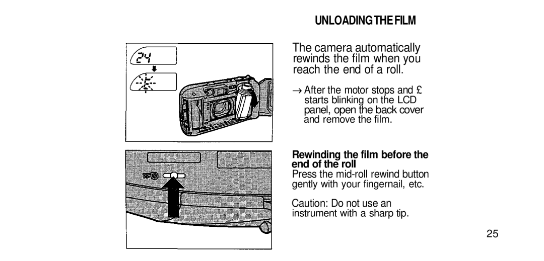 Olympus RC-200 manual Unloadingthefilm, Rewinding the film before the end of the roll 